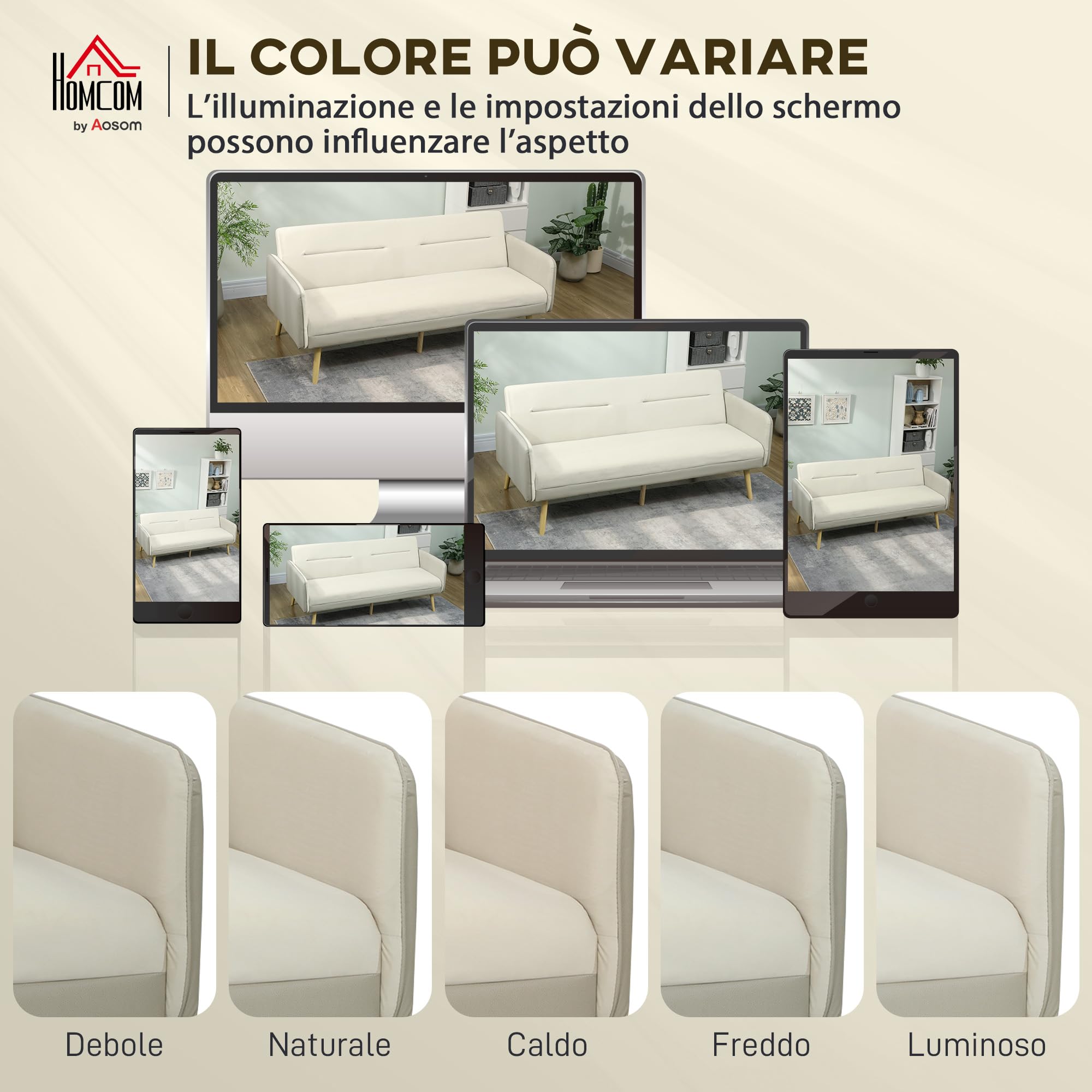 HOMCOM Divano Letto 3 Posti Convertibile con Braccioli in PU, Divanetto Reclinabile Trasformabile Clic Clac in Velluto con Gambe in Metallo, Struttura in Legno per Salotto, Camera, 185x84x83 cm, Beige