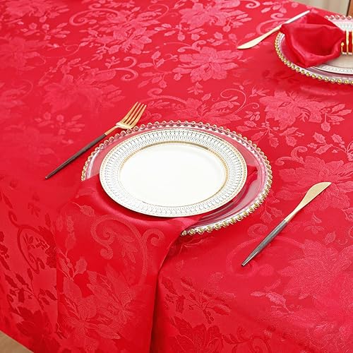 Miniatura 7 de SASTYBALE Mantel de Navidad  Mantel rectangular de 52 x 70 pulgadas, mantel jacquard de flor de pascua roja, a prueba de derrames, antiarrugas, tela