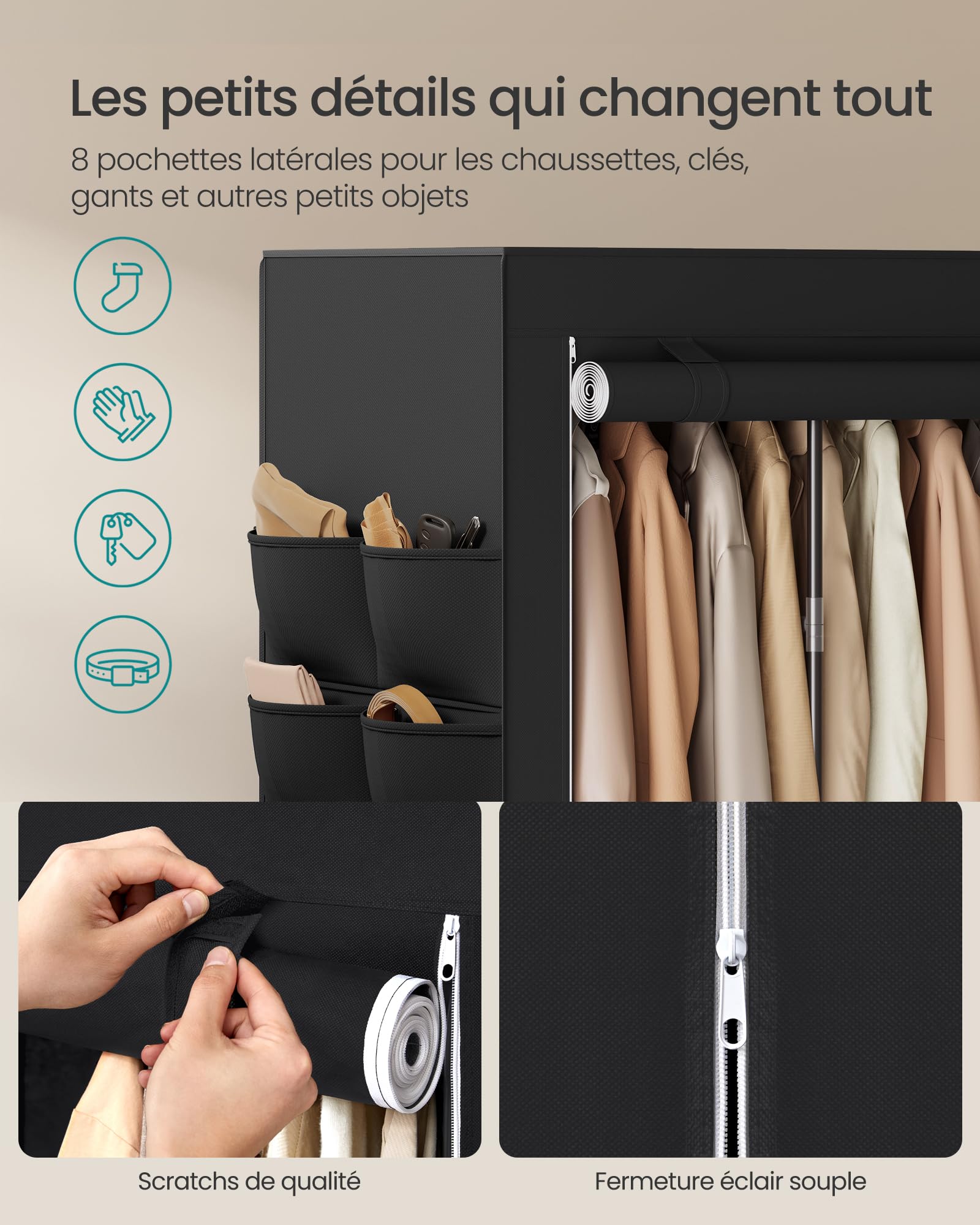 SONGMICS Armoire Chambre en Tissu, Porte-vêtements, Penderie, Étagères, Pochettes, Grande Capacité, 4 Compartiments de Suspension, 45 x 189 x 180 cm, Noir RYG011BZ02