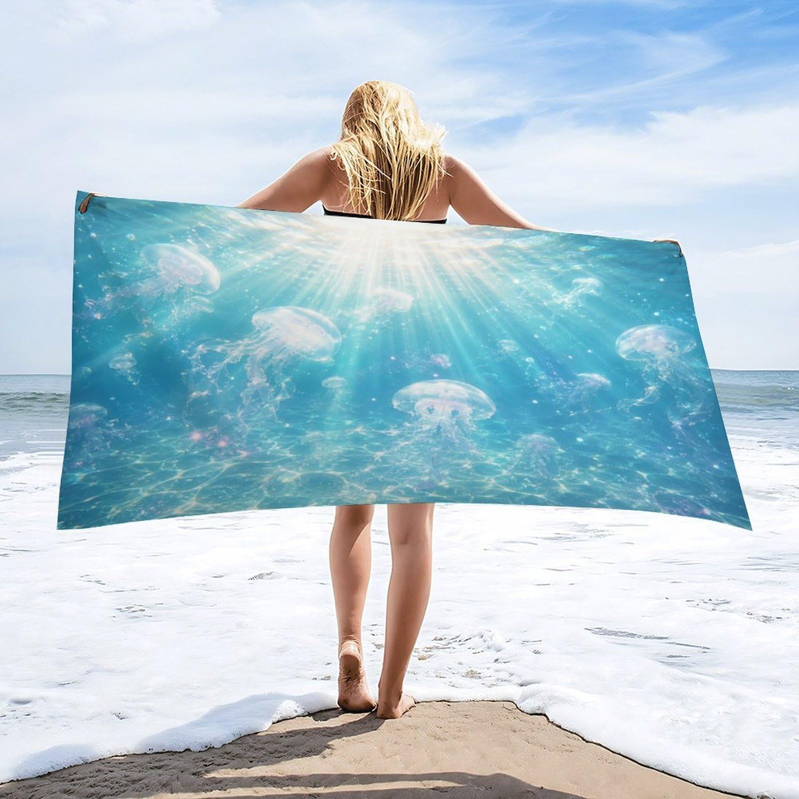 Anceky Underwater Jellyfish Ocean Sunlight Beach Towel 30"×60",Soft Microfiber Bath Towel Shawl, Quick Dry Absorbent Pool Spa Gym Shower Towel