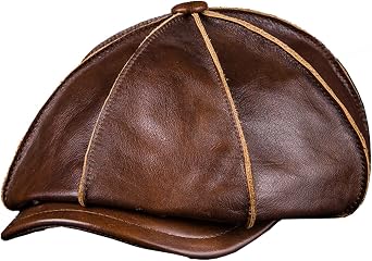 Mens Genuine Cowhide Leather Octagonal Cap Vintage Newsboy Hat Driving Flat Winter Male Artist Cap