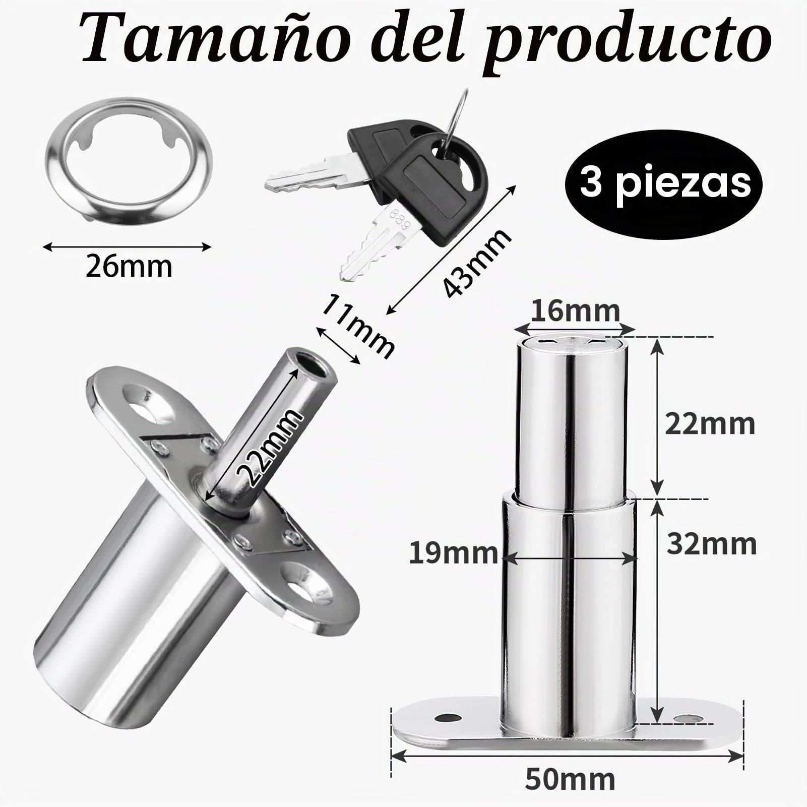 Cerradura para Armario, Cilindro de Presión de Diferentes Perfiles, Adecuada para Muebles y Vitrinas, Diámetro de 19 mm, Incluye Llaves, Fácil de Instalar