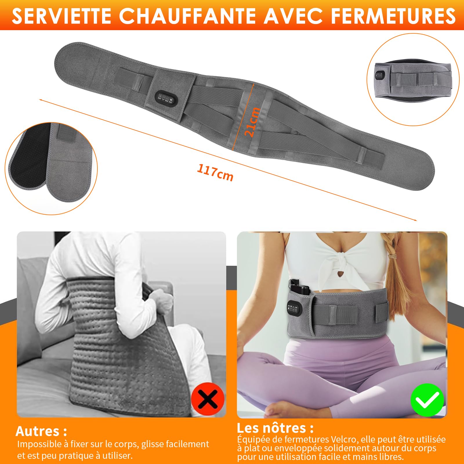 GuKKK - Bande chauffante électrique 16000 mAh - Chauffage Lombaire avec 3 niveaux de température et massage par vibration, bande chauffante Lombaire, pour dos d'abdomen (gris)