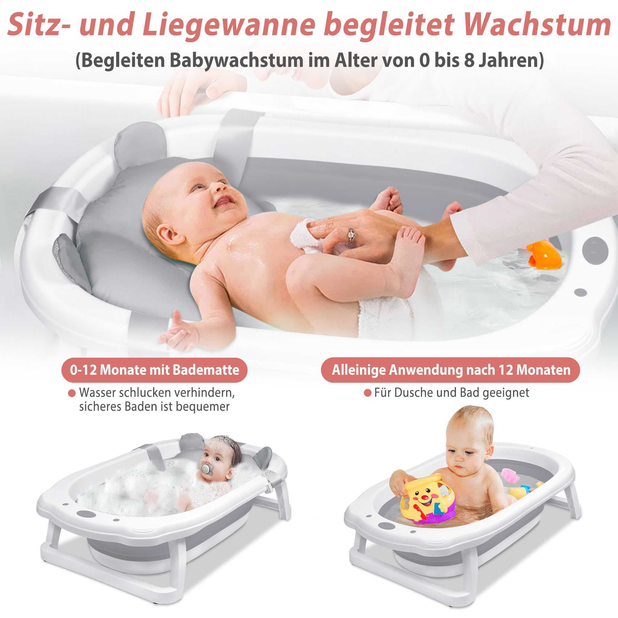 Faltbare Baby Badewanne, klappbare Babybadewanne, Rutschfeste Tragbare Reisedusche Badebecken mit rutschfester und Ergonomischem Kissen für Neugeborene bis Kleinkinder, Anthrazit