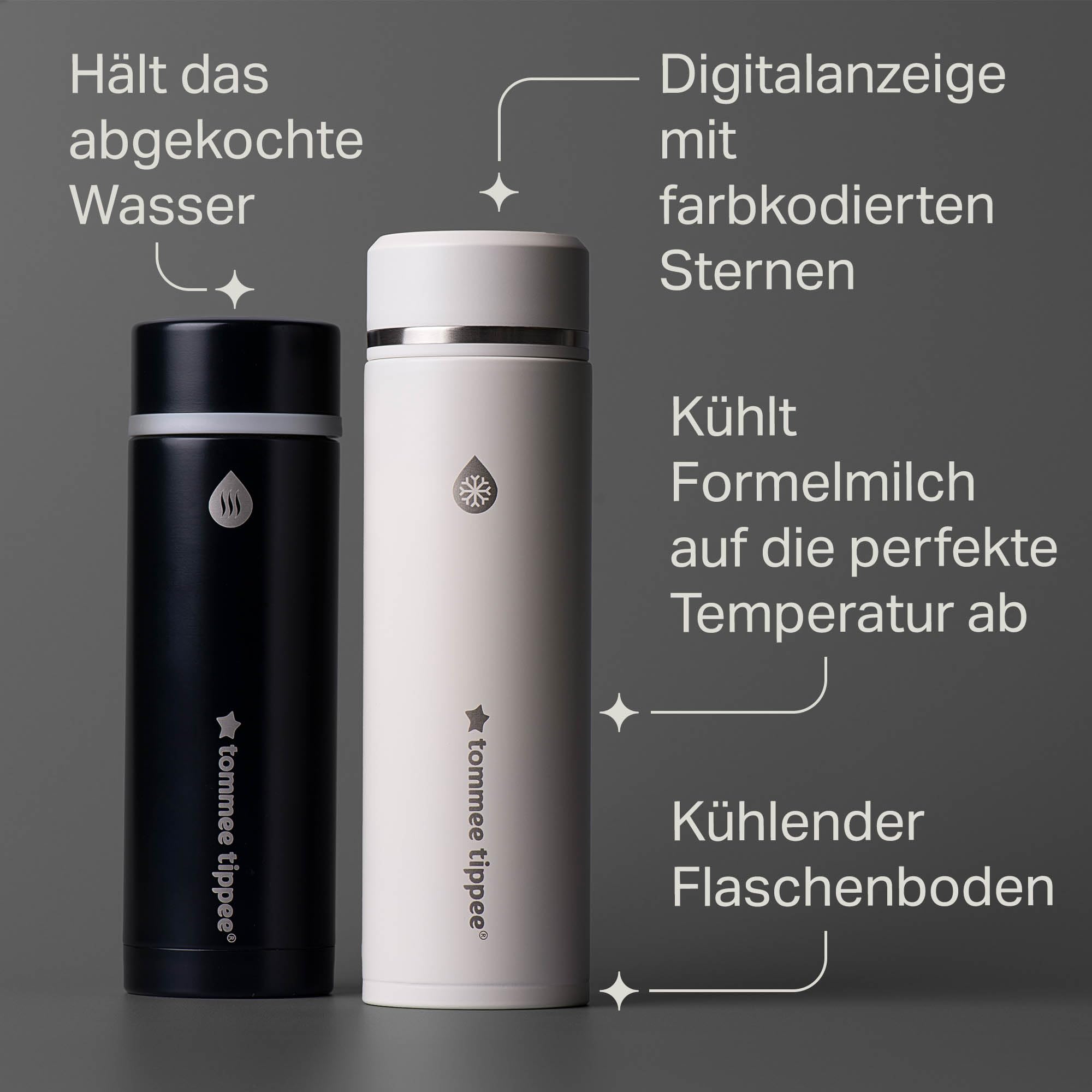 Tommee Tippee PrepGo Zubereiter-Set, Kühlt Babymilch zur guten Temperatur in nur 2 Minuten, Transportierbare Thermosflaschen, Temperaturdisplay