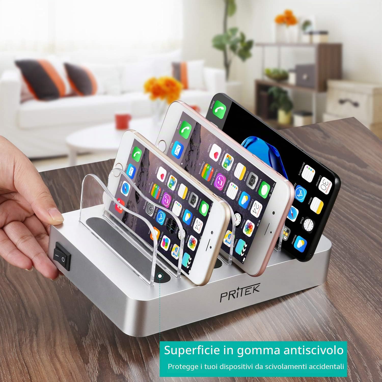 Stazione di Ricarica USB con 6 Corti USB Cavi USB Caricabatterie da Tavolo Multi Dispositivo 6 porte Docking Station & Organizzatore per Cellulare Tablet Auricolari MP3 MP4 (Argento)