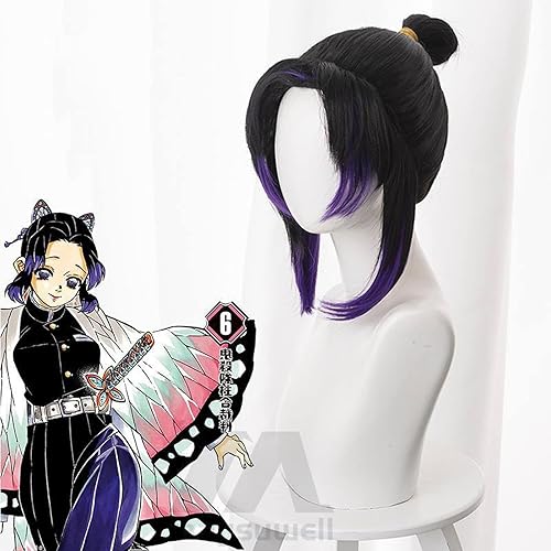 Miniatura 2 de Pelucas de cosplay de pelo corto negro y morado peluca de anime para mujeres para Halloween, carnaval, fiesta de disfraces con gorra de peluca