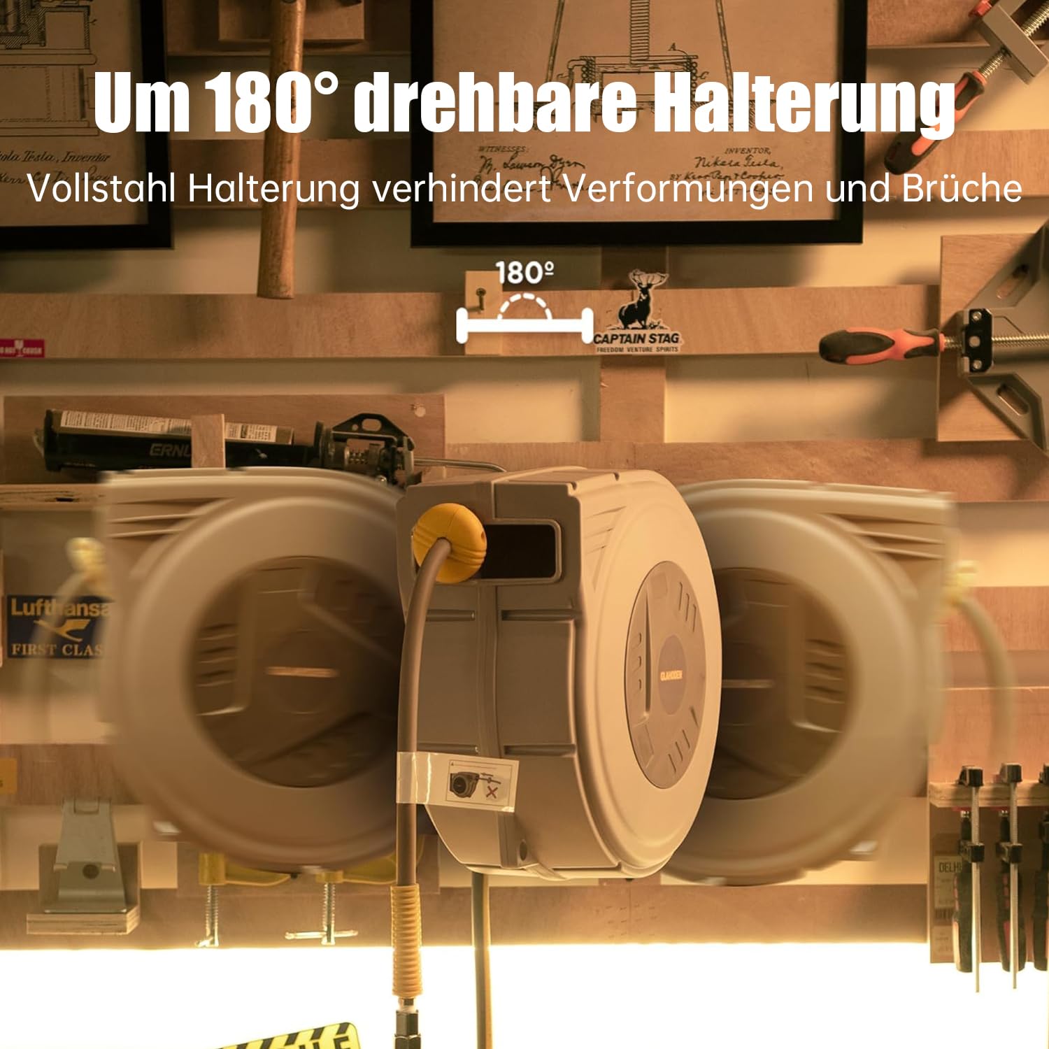 GLAHODEN Druckluftschlauchtrommel, 20m+2m, Luftkompressor-Schlauchtrommel mit 9.5mm Druckluft Schlauch Und 1/4 Zoll Anschluss(12 Bar max)