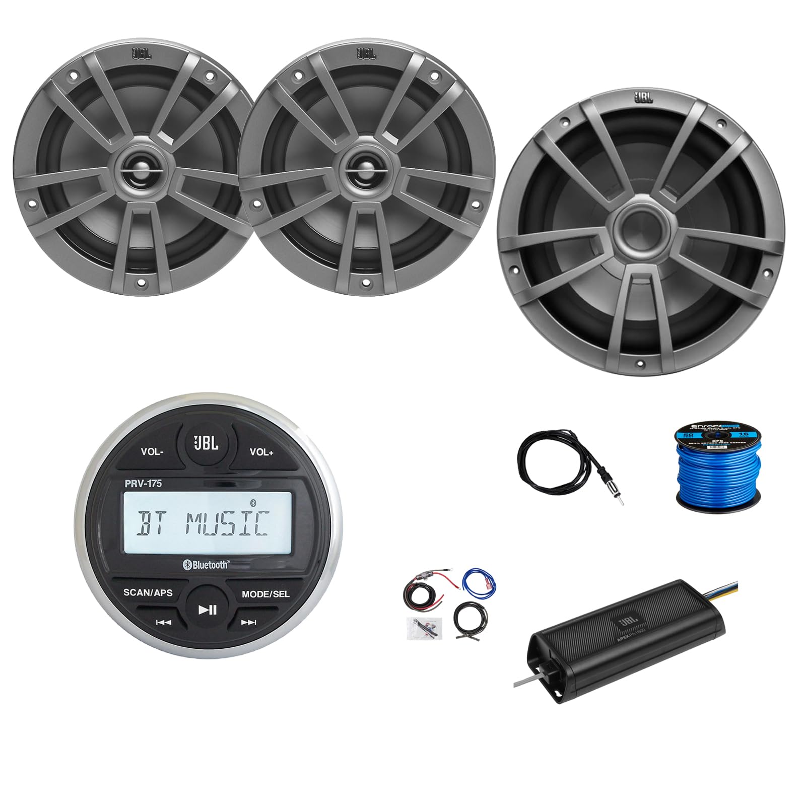 Marine Gauge Style Bluetooth AM/FM Receiver, 2X 6.5 180 Watt 2-Way Multi-Element Audio Speakers (Gray), Wire, Antenna, 10