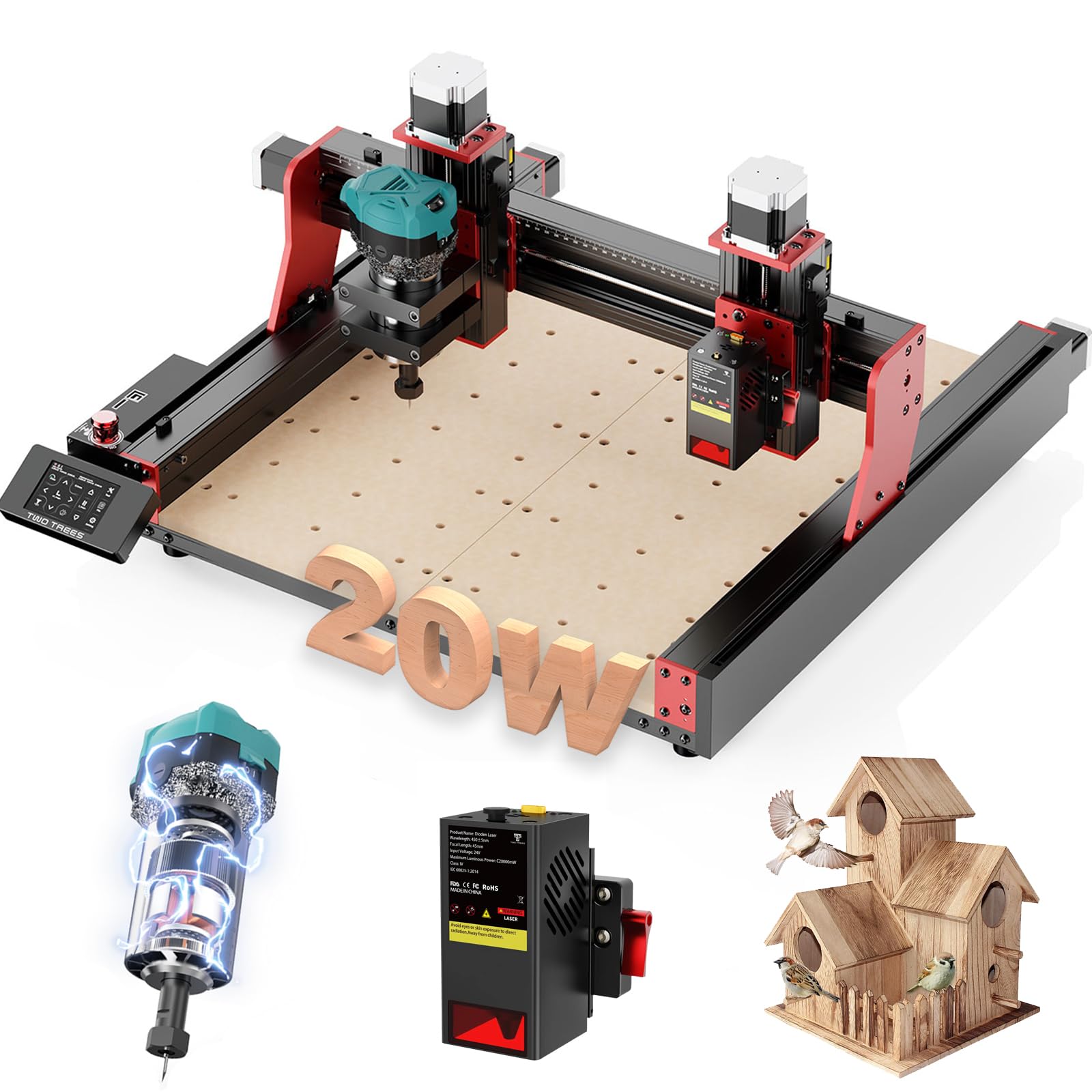 Twotrees TTC450 Pro CNC Router CNC Arbeitsbereich 460 x 460 x 80 mm zum Gravieren, Schneiden von MDF, Acryl, Massivholz Nylon mit Trimmer Kit 800W Holz Trimmer Router Spindel und 20W Lasermodul