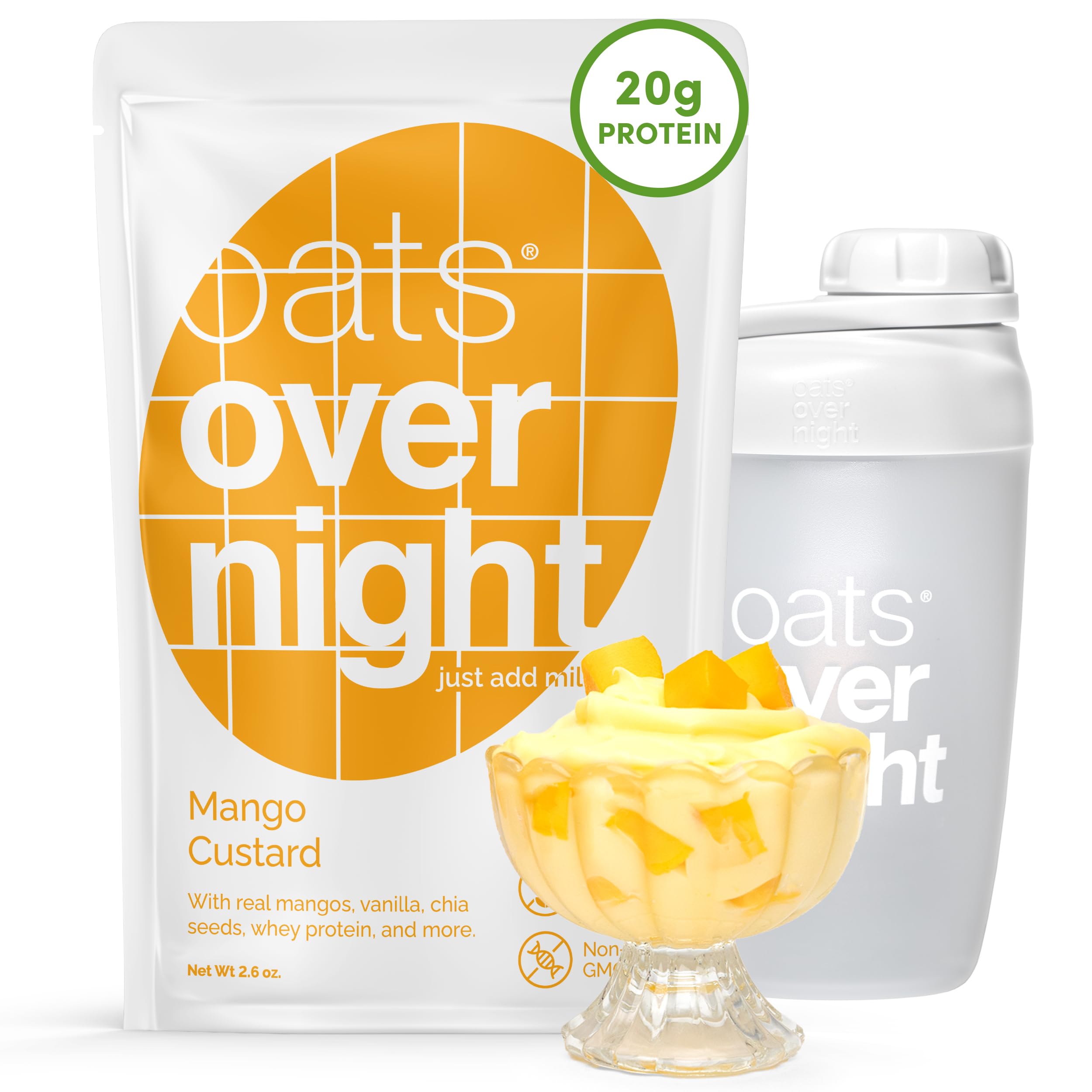 Oats Overnight Mango Custard - Overnight Oats with 20g Protein, High Fiber Breakfast Protein Shake - Gluten Free Oatmeal, Non GMO High Protein Oatmeal