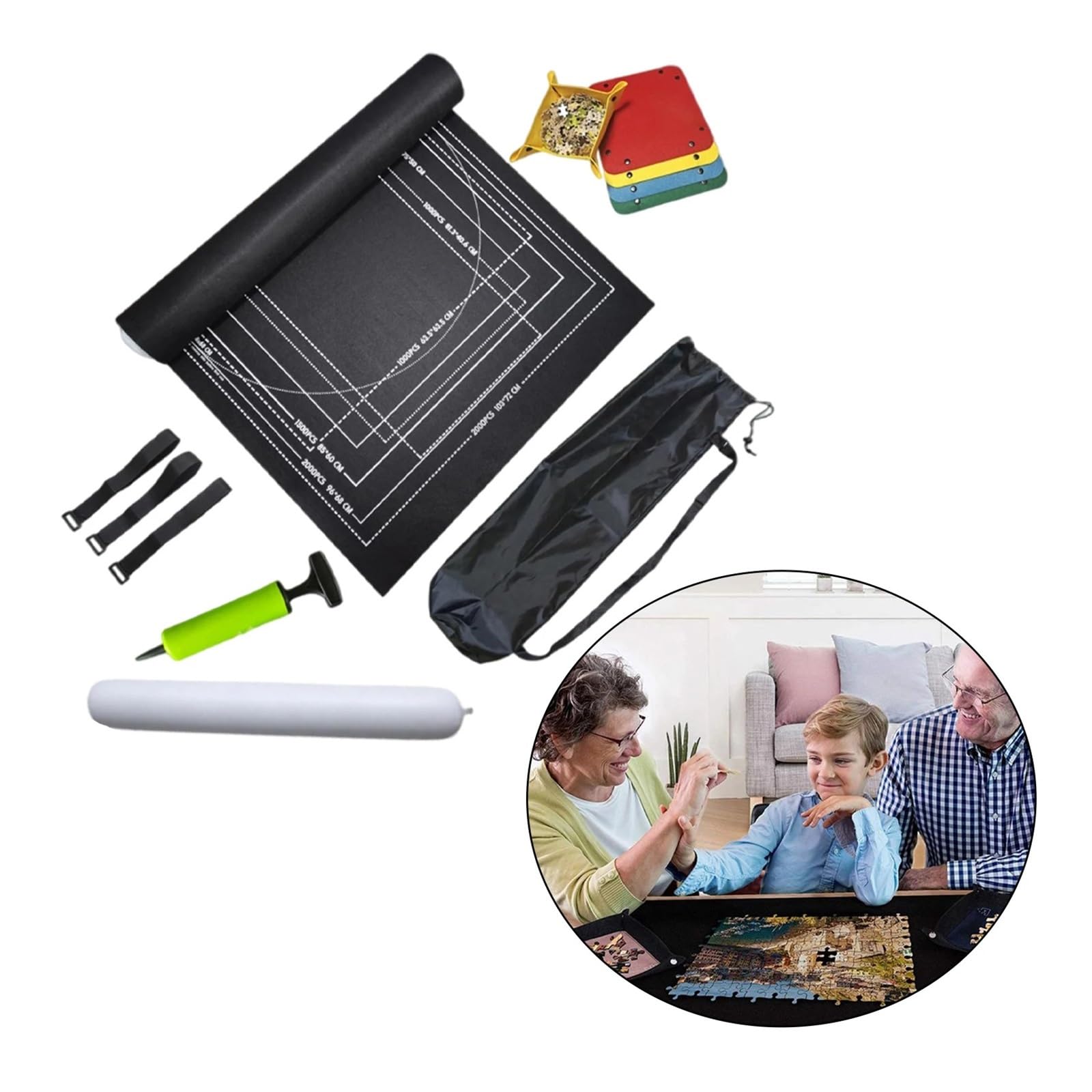 Tappetino for puzzle arrotolabile da 2000 pezzi Roll Your Puzzle - Tappetino portaoggetti portatile con borsa for la raccolta dei pezzi Tubo gonfiabile for gioco su tappetino per puzzle, giochi(Black)