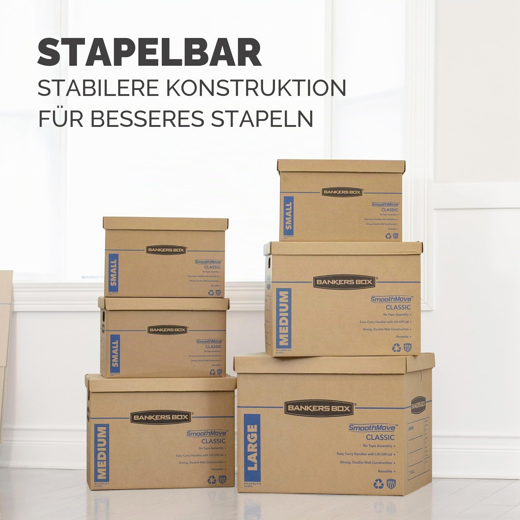 BANKERS BOX Classic 7716401 Umzugskarton, verstärkte Griffe, bandfreie Montage, Karton mit Deckel, 8 kleine und 4 mittelgroße Kartons, 12 Stück