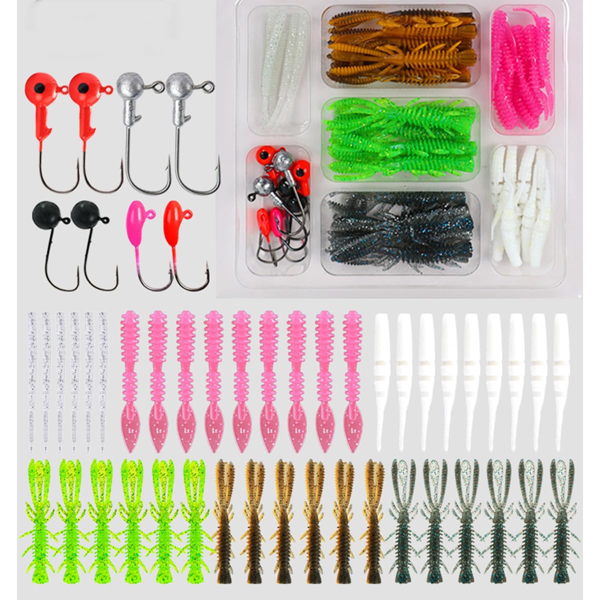 FOLANDO 50pcs Fishing Lures Kit, Artificial Soft Plastic Grubs with Jig Heads Soft Fishing Lures for Bass, Crappie, Trout