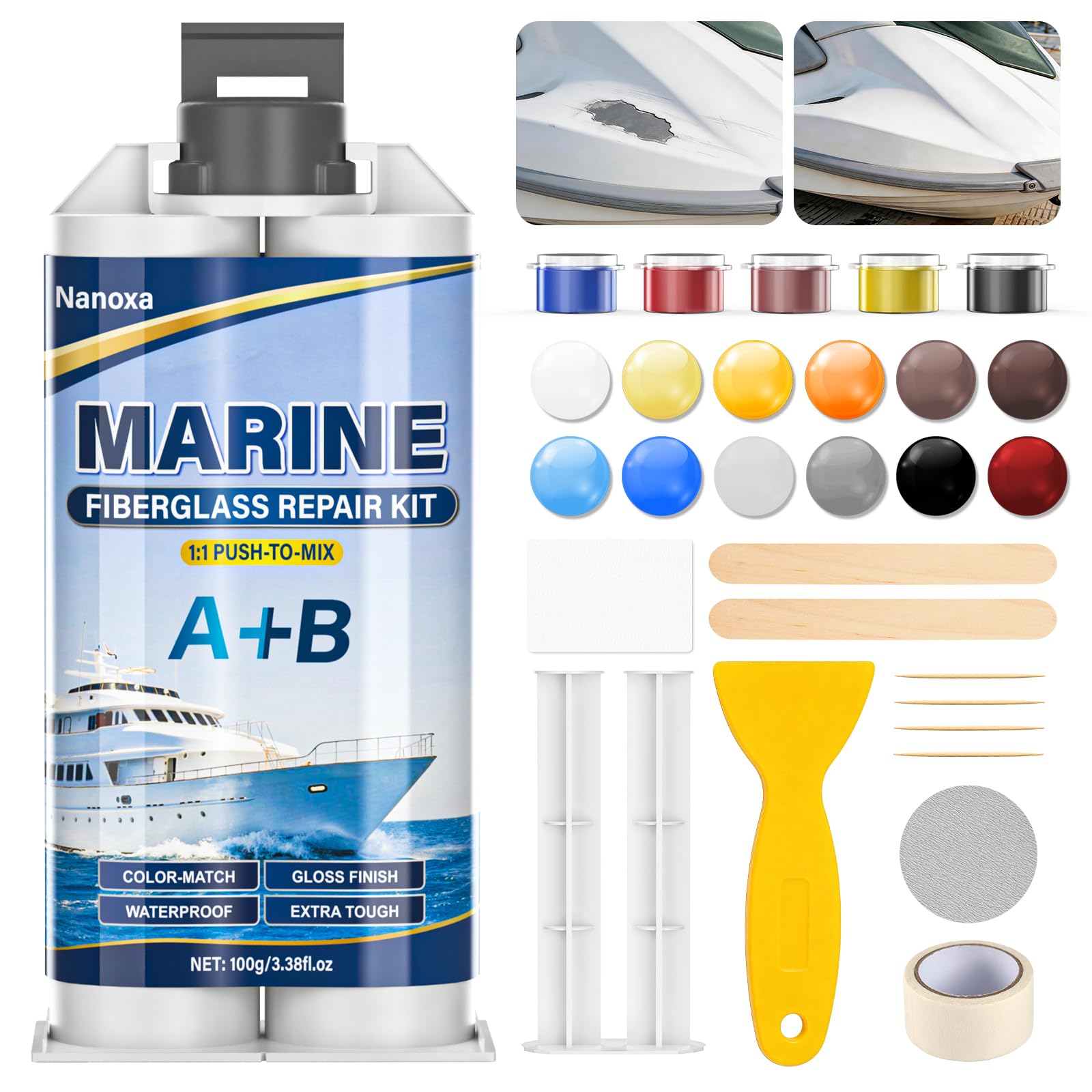 Nanoxa Marine Fiberglass Repair Kit, Gel Coat Repair Kit for Boats with Color Match, Fiberglass Boat Repair Kit, Weather-Resistant Epoxy Filler for Boats Fix Deep Cracks, Chips, Holes & Scratches - 2