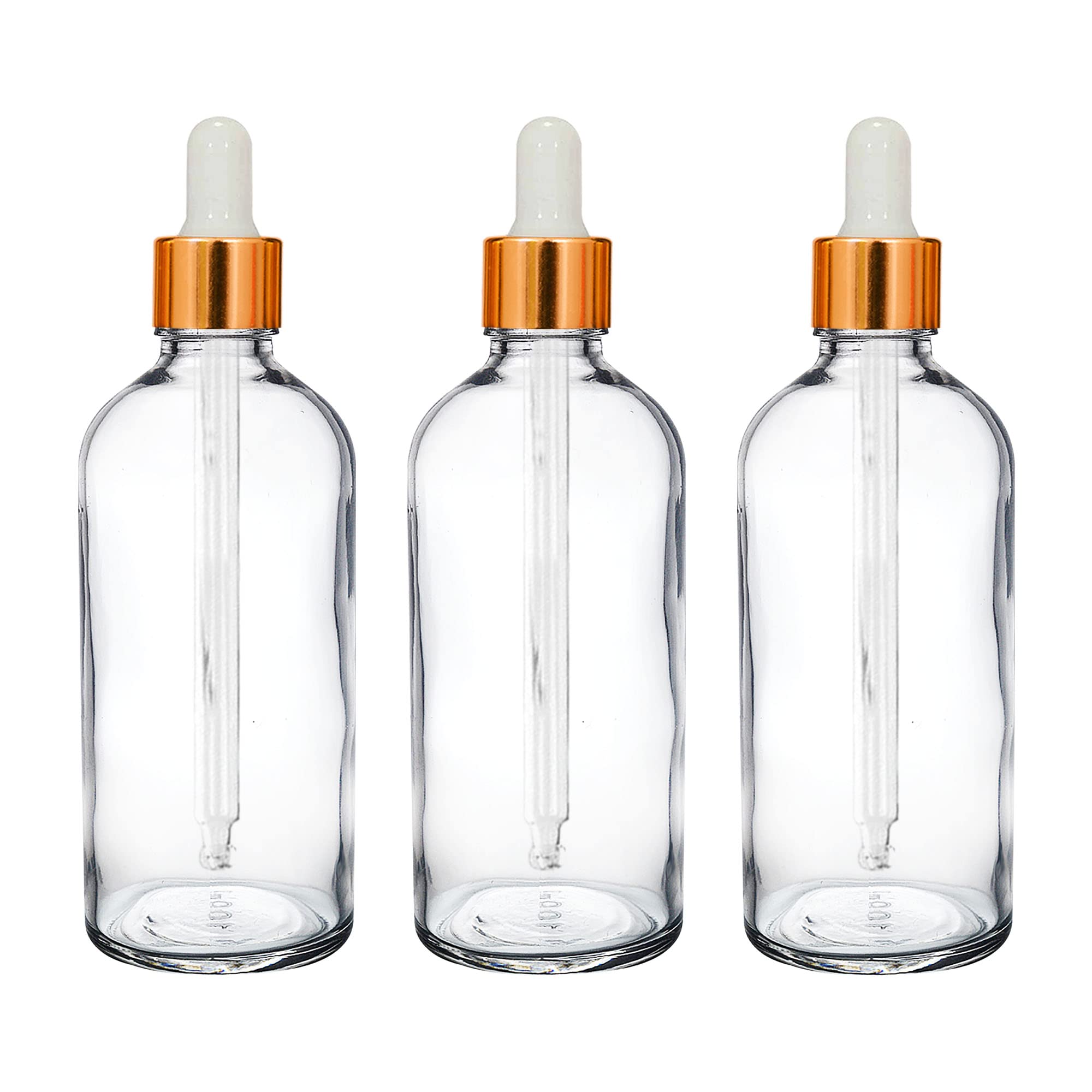 nsb HERBALS 100ml Clear / Transparent Round Empty Glass Bottle + Glass Dropper + Gold Ring + Silicon White Teat, Refillable, Reusable, Leak Proof for Essential Oils, Blends, Perfumes & Face Oil (3)