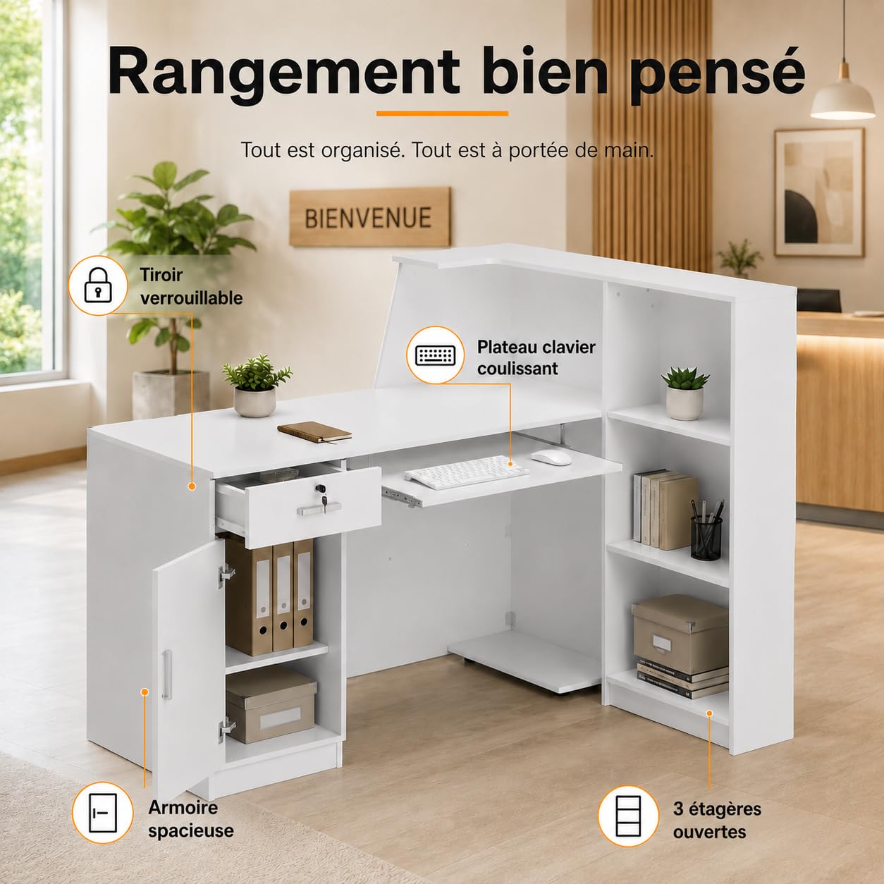 Empfangstheke 140 x 100 x 110 cm aus MDF, Rezeptionstheke mit 1 Schublade, 1 Schrank und Tastaturschublade, Bürotheke Empfangstresen für Büro und Empfangsbereich