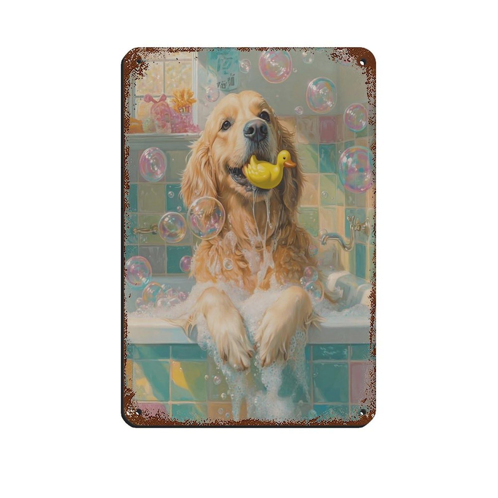 Bubble Bathtub Dog Poster Tin Sign Vintage Metal Pub Club Cafe Bar Home Wall Art Decoration Poster Retro 8x12inch(20x30cm)