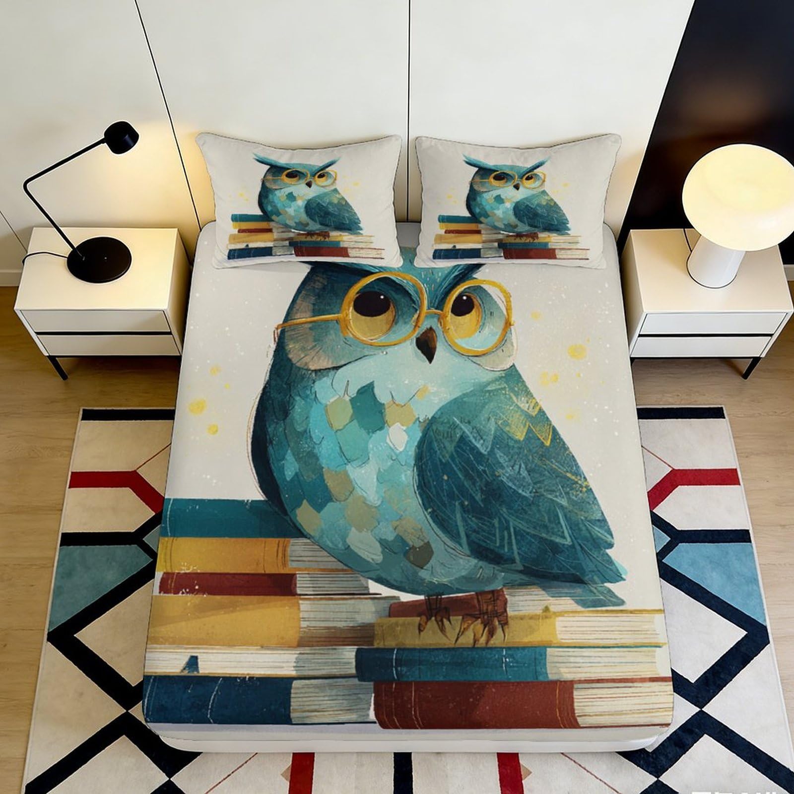 3D Printed Blue Owl Fitted Sheet Microfiber Anti-Slip Cartoon Books Bed Cover for Adult Teen Bedroom Guestroom Mattress Protection 90x200x25cm