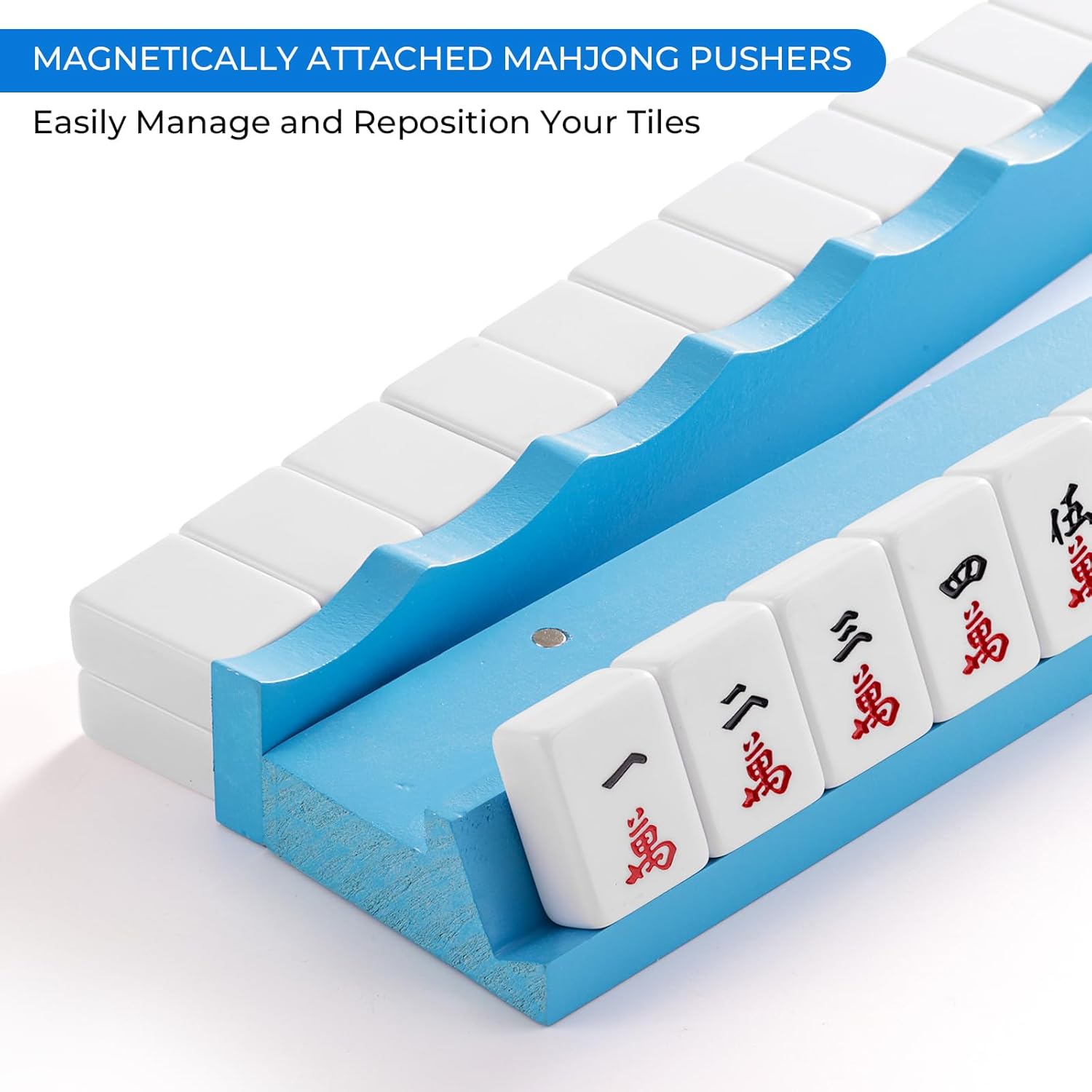 4PCS Wooden Scalloped Mahjong Racks with Magnetic Pushers, Natural Wood American Mahjong Tile Rack Set of 4, Modern Table Game Accessories for Mahjong Tiles（Blue,17.5