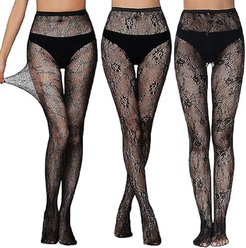 Women's Black Lace Fishnet Tights, 3 Pack, Floral Pattern,one size