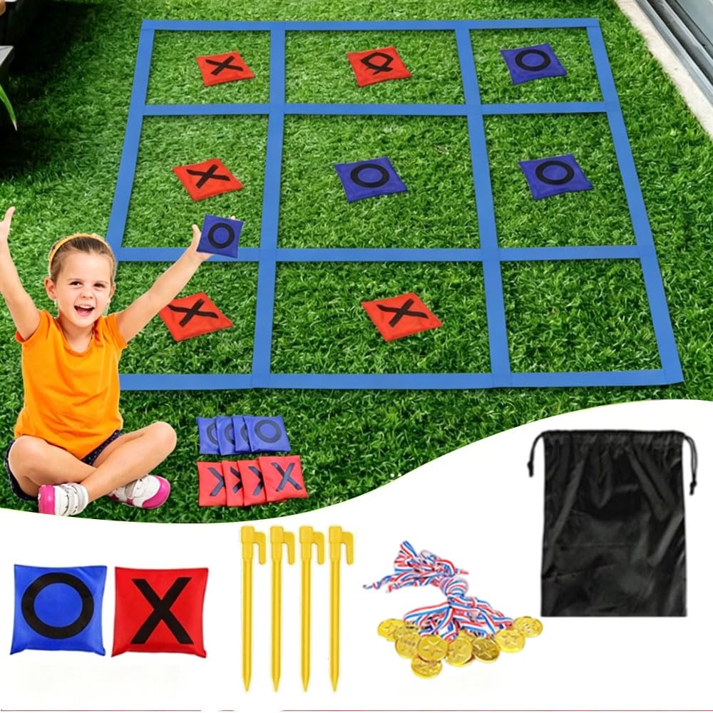 RNPKZ Tic Tac Toe Outdoor Game, 1.2 x 1.2m Tic Tac Toe Bean Bag Toss Game, Giant Bean Bag Toss Game with 10 Bean Bag,12 Imitation Gold Medals & 1 Storage Bag, for Lawn Yard Carnival Field Day Party