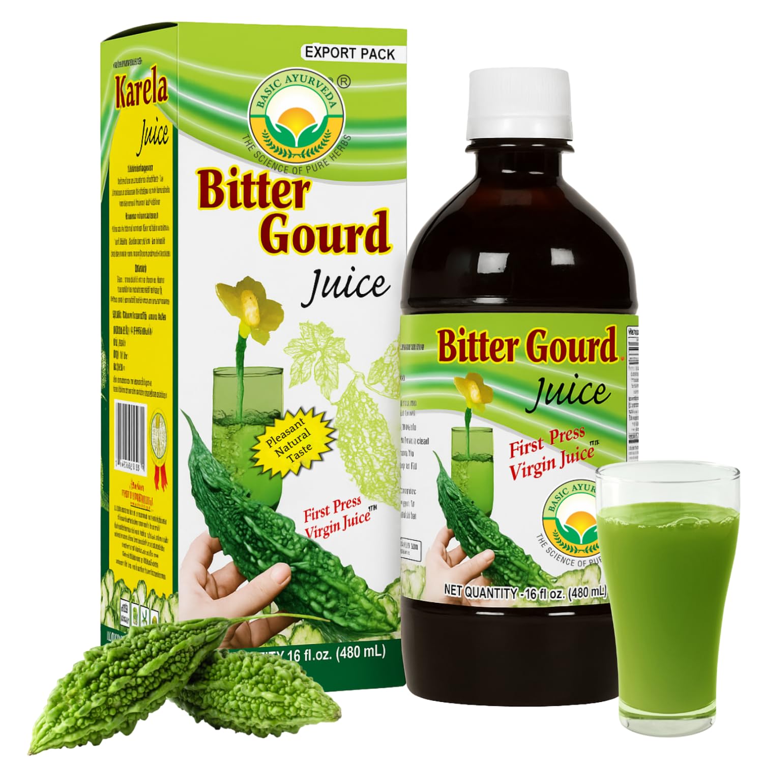 Basic Ayurveda Bitter Gourd Juice | Natural Karela Drink | First Press Virgin Juice | Plant-Based, Vegan, Gluten-Free & No Added Sugar | Pleasant Natural Taste | 480ml (Pack of 1)