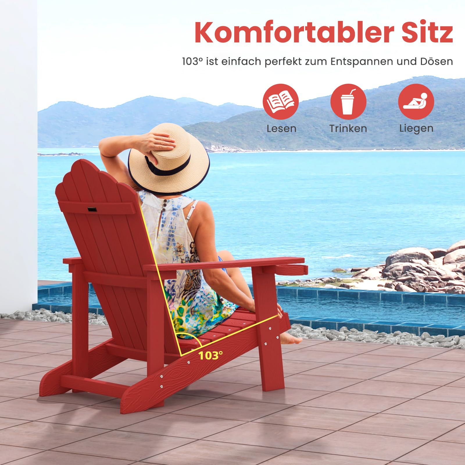GOPLUS Adirondack Stuhl, Gartenstuhl ergonomisch mit Armlehnen, Hochlehner & Getränkehalter, Outdoor Stuhl wetterfest bis 150kg belastbar für Garten Hof Terrasse Balkon (Rot)