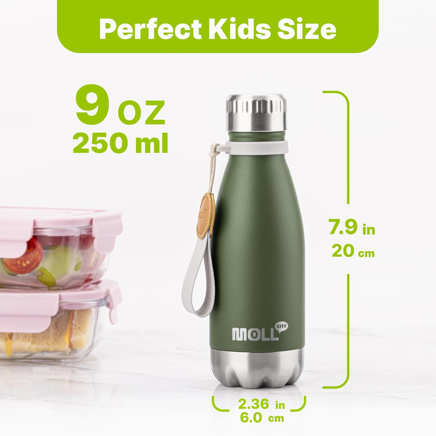 Kids Water Bottle-9 oz Stainless Steel Vacuum Insulated Waters Bottle for Kids for School, Leak Proof Cola Shape Travel Small Water Bottle for Boys (Grass Green-Navy) - Image 3