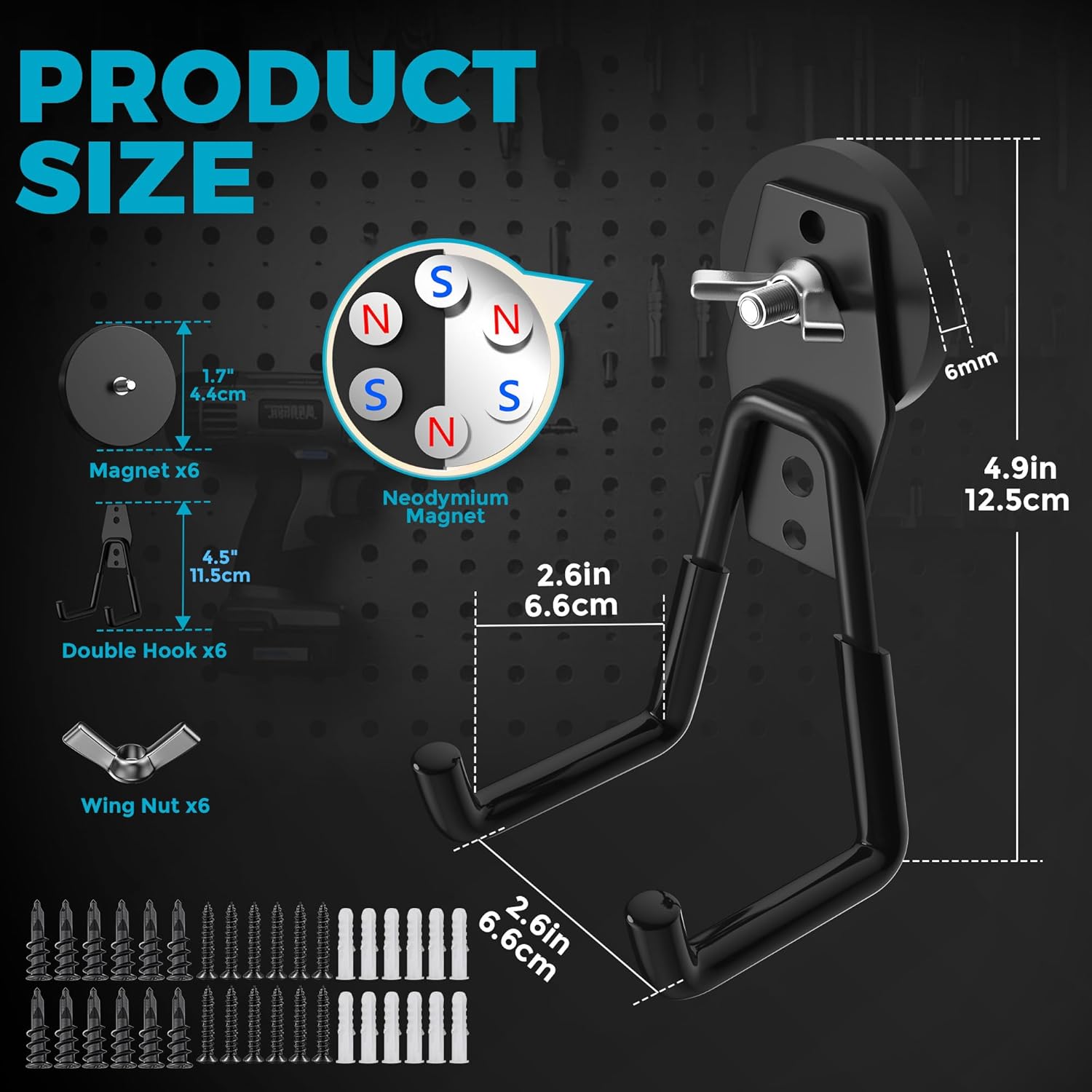 6 Pcs Large Strong Magnetic Hooks Heavy Duty Garage Big Magnet Hooks Extra Strength Magnetic Utility Storage Hook Hanger with Anti Slip Coating for Garden Indoor Outdoor Hanging Tools Black
