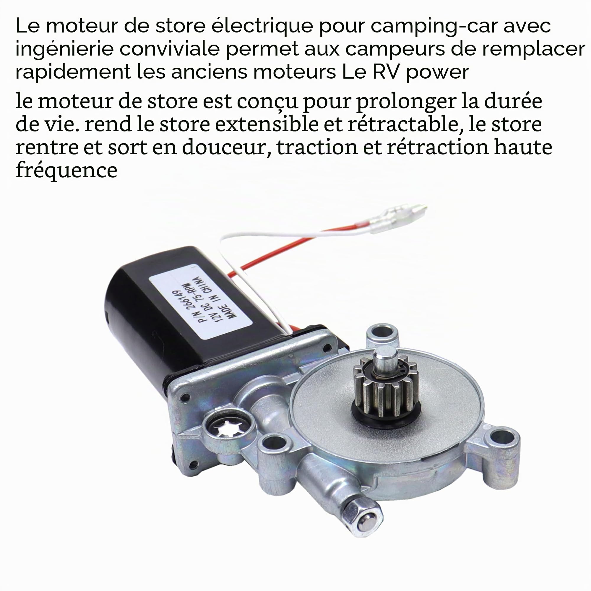 266149 Moteur de rechange universel pour auvent de camping-car 12 V CC 75 tr/min compatible avec les auvents électriques Solera, y compris les assemblages plats, inclinés et courts