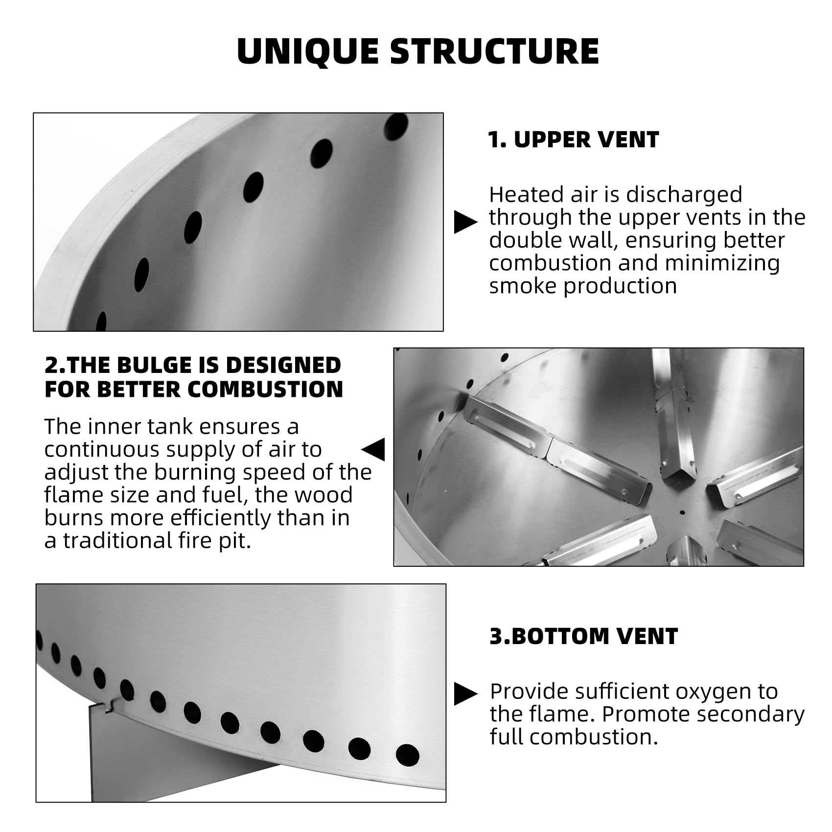 Brasero Exterior sin Humo con Interruptor de Aire, Estufa de leña para Camping con Soporte extraíble y cenicero, fogata portátil para Exteriores, Estufas Individuales Elegantes y prácticas para campi