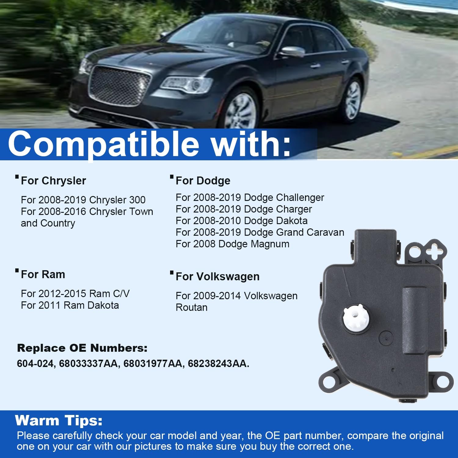 HVAC Heater Blend Door Actuator For Chrysler 300 Dodge Challenger Charger Grand Caravan 08-19, Town&Country 2008 2009 2010 2011 2012 2013 2014 2015 2016, Dakota 08-10, Ram C/V 12-15 68238243AA 604-024