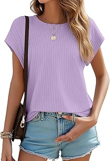 JUSTFASHIONNOW Summer Tops for Women 2025 Trendy Cap Sleeve Crewneck T Shirts Textured Business Casual Outfits Blouses
