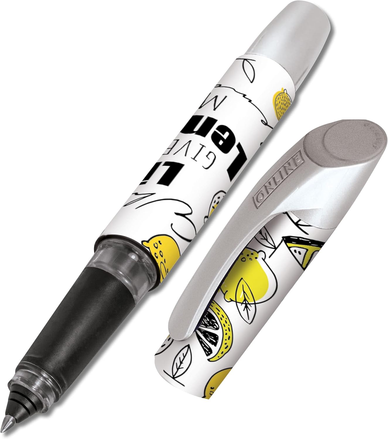 Online Ergonomic Rollerball for School/College Campus Lemon - for Left- and Right-Handed, Soft Grip Part, for Standard Ink cartridges, refillable, Ideal for Beginners/Pupils/Students