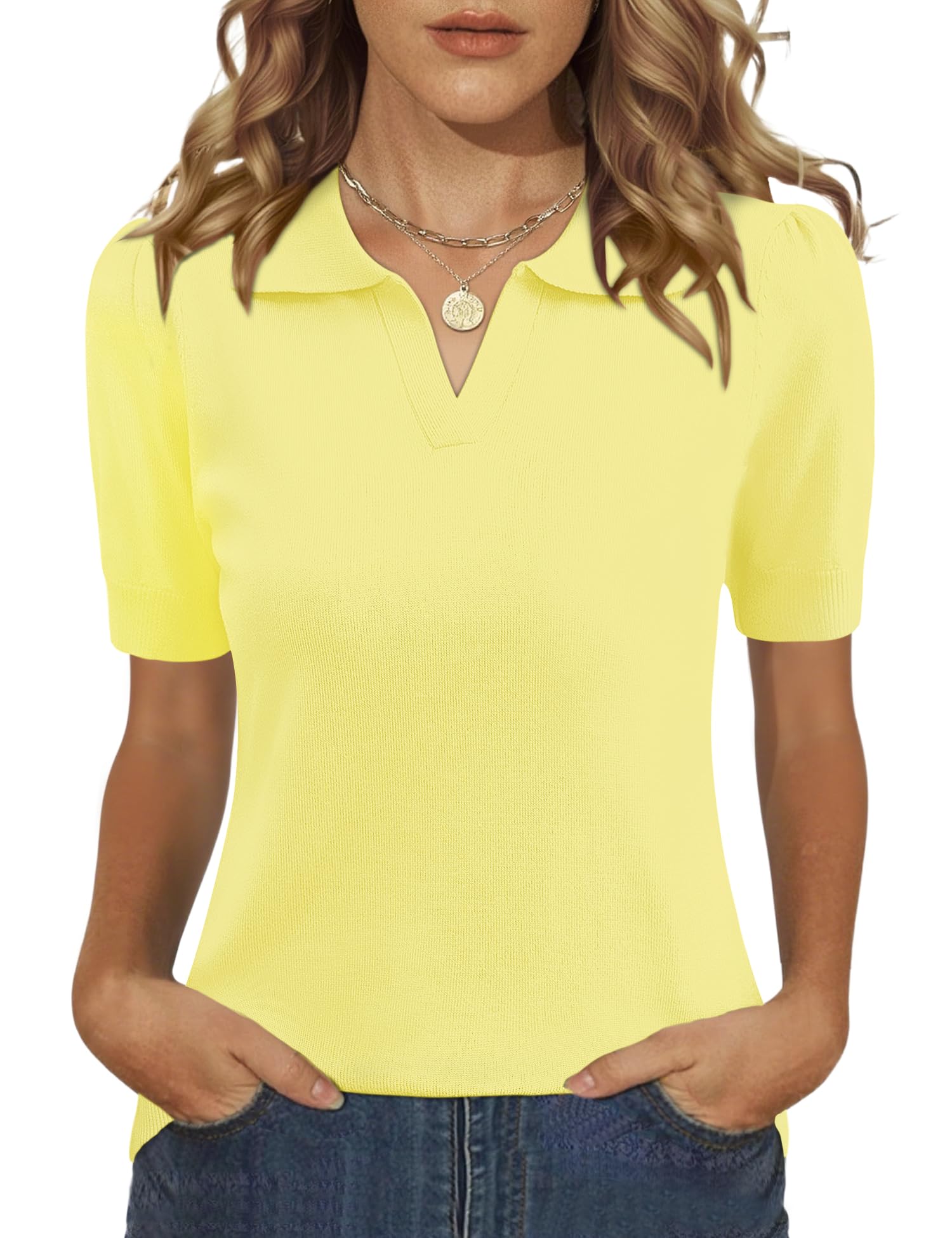 LOMON Womens Puff Short Sleeve Polo Sweater V Neck Knitted Tops Casual Ribbed Shirt Pullover Blouse