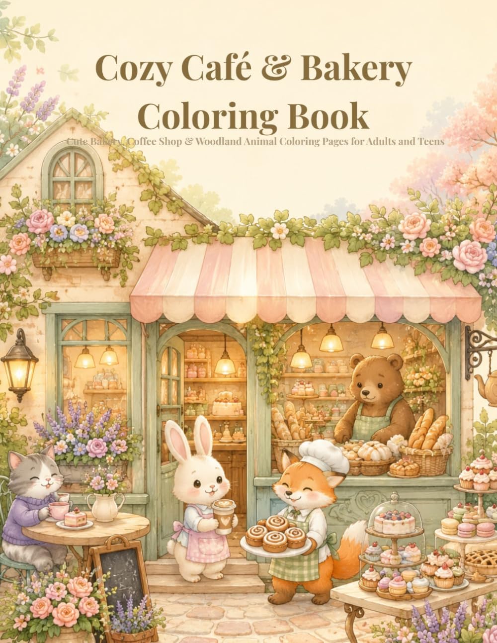 Cozy Café & Bakery Coloring Book: 32 Cottagecore Café Scenes with Cute Woodland Animals, Pastries, Coffee Shops & Cozy Moments for Stress Relief and Relaxation