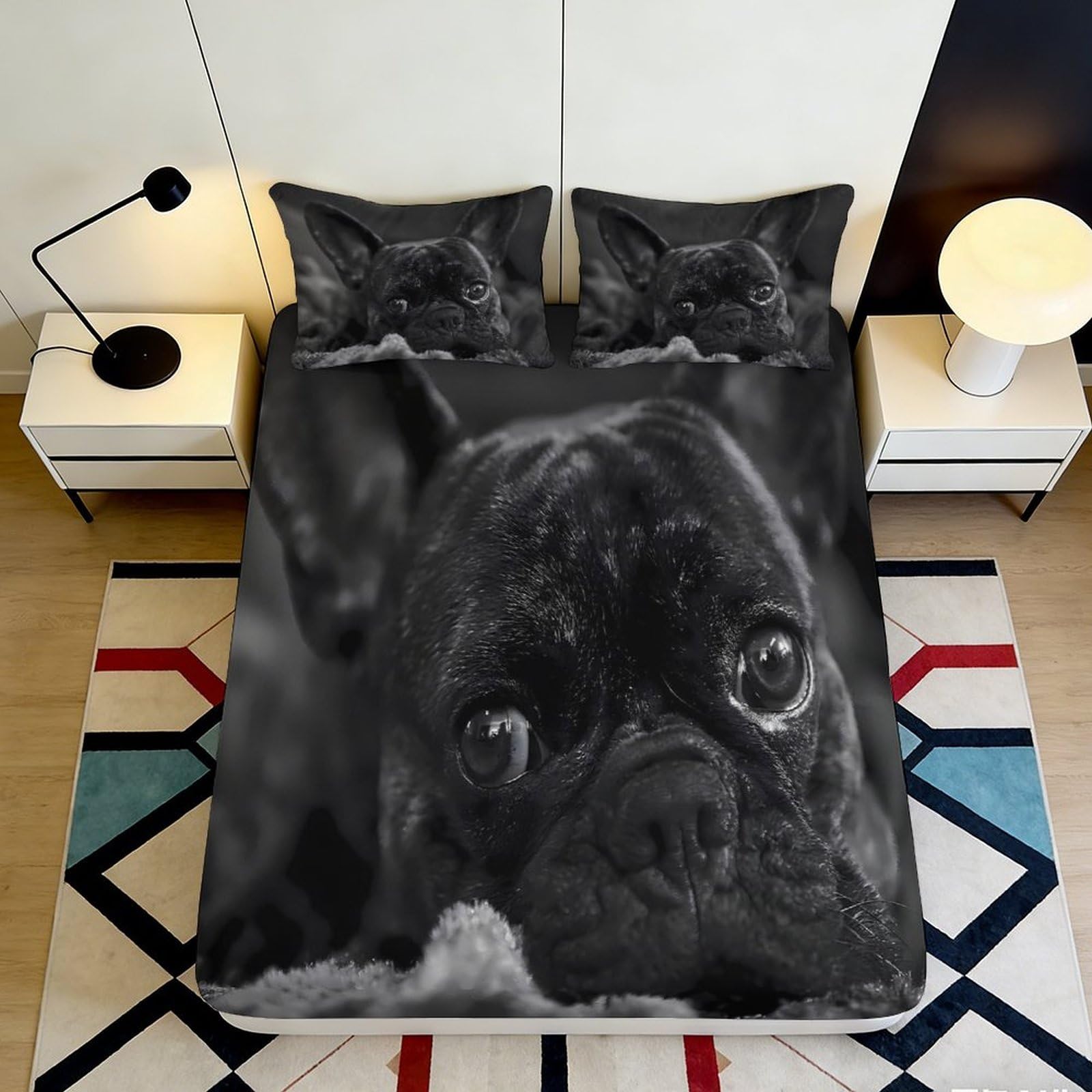 3D Printed Black French Bulldog Fitted Sheet Microfiber Soft Breathable Dog Face Bed Cover for Bedroom Dormitory Guest Room Mattress Protection Decor 180x200x25cm