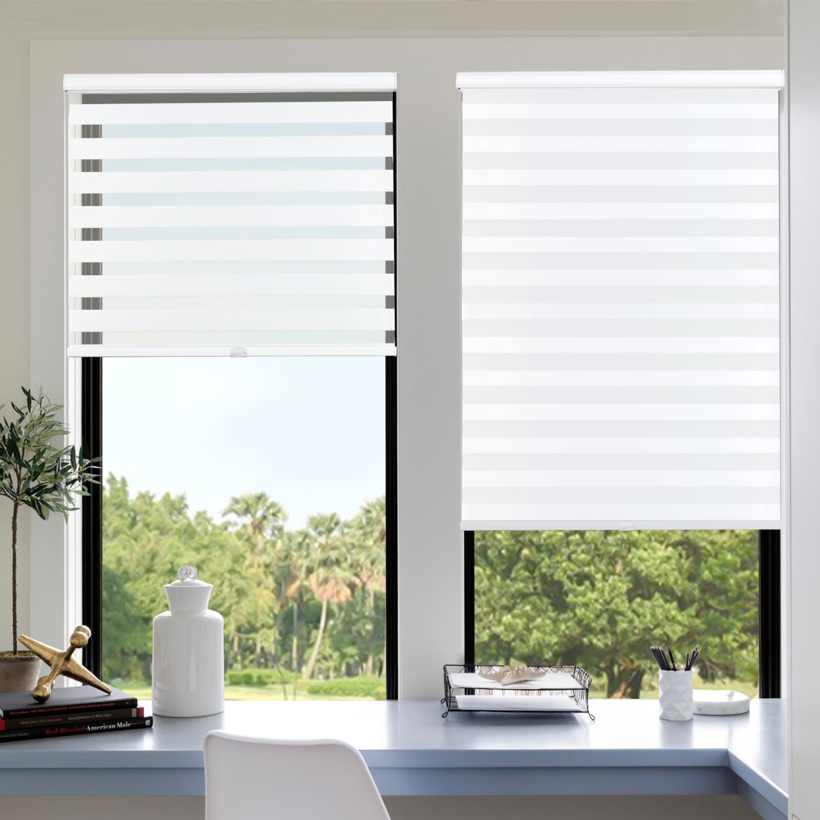 Zebra Blinds for Windows Light Filtering (33" W x 72" H, White) Cordless Free Stop Window Treatments with Aluminum Valance, Dual Layer Fabric Light Control for Day and Night Home Office