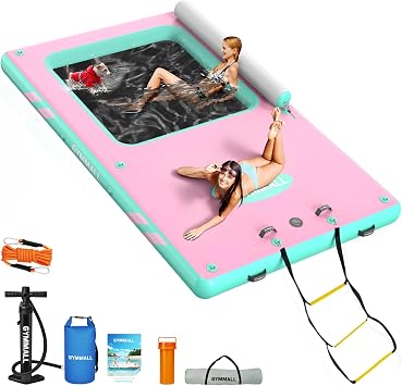 Inflatable Floating Dock, Inflatable Dock Floating Platform with Mesh, Non-Slip EVA Platform and Rope Ladder, Inflatable Water Floating Dock Island Raft for Boats, Pool, Lake, Beach, Ocean