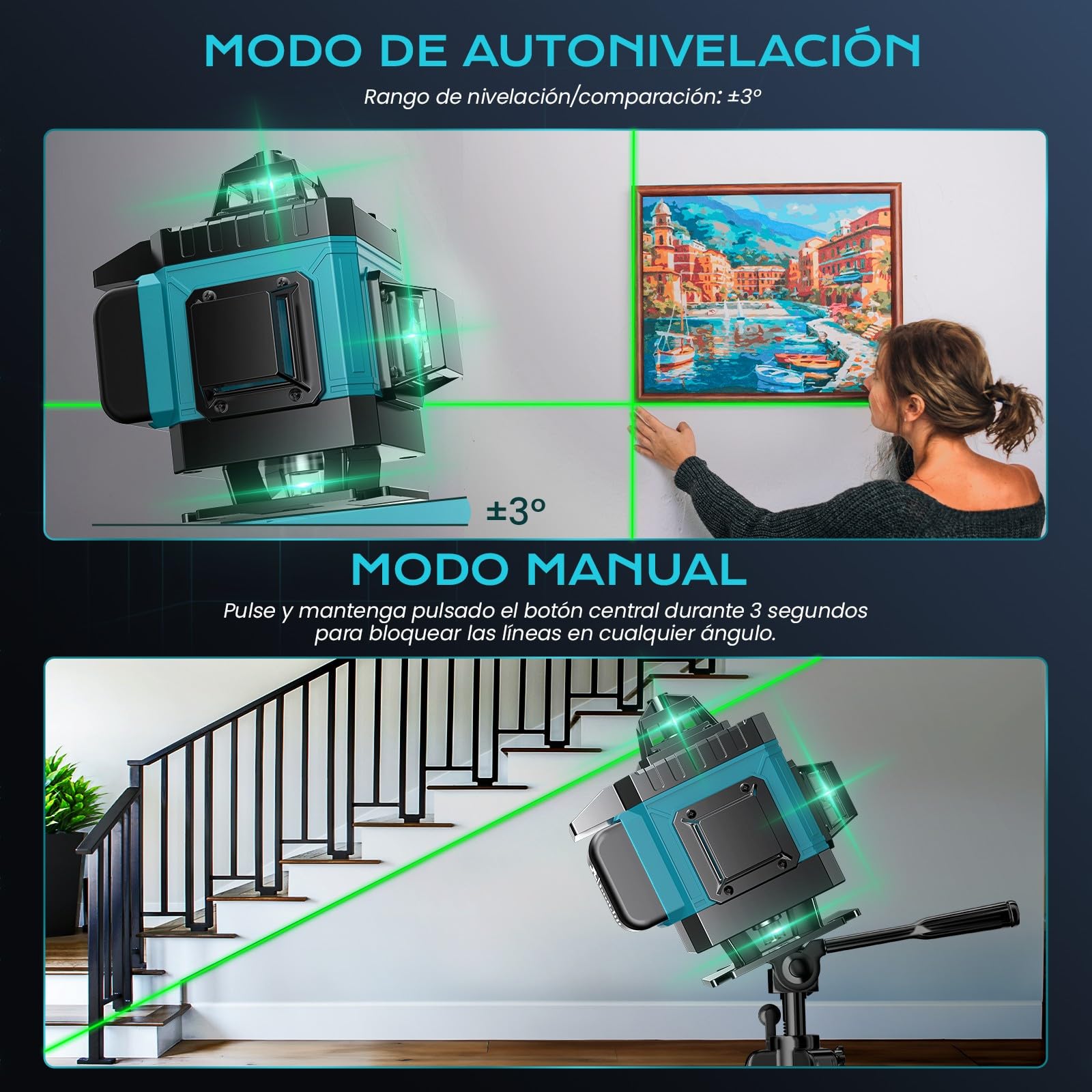 Nivel Laser Autonivelante 360 Grados, Nivel Láser Verde 16 Líneas, 2 x 360 Horizontal y 2 x 360 Verticales, 2 x Batería, Montaje en Pared, Control Remoto, Base Magnética, Soporte Giratorio
