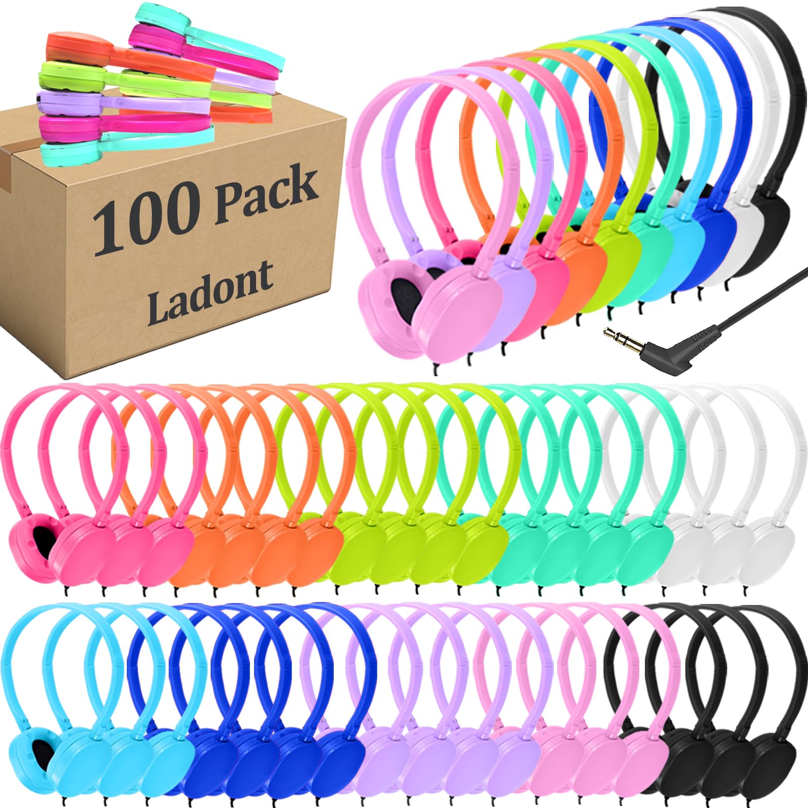 Ladont 100 Pack Classroom Headphones Bulk for Students Schools, Wholesale Wired Headphones for Library Airplane, Multi Color 3.5mm On Ear Class Set Headphones for Chromebook Laptop PC Computer…