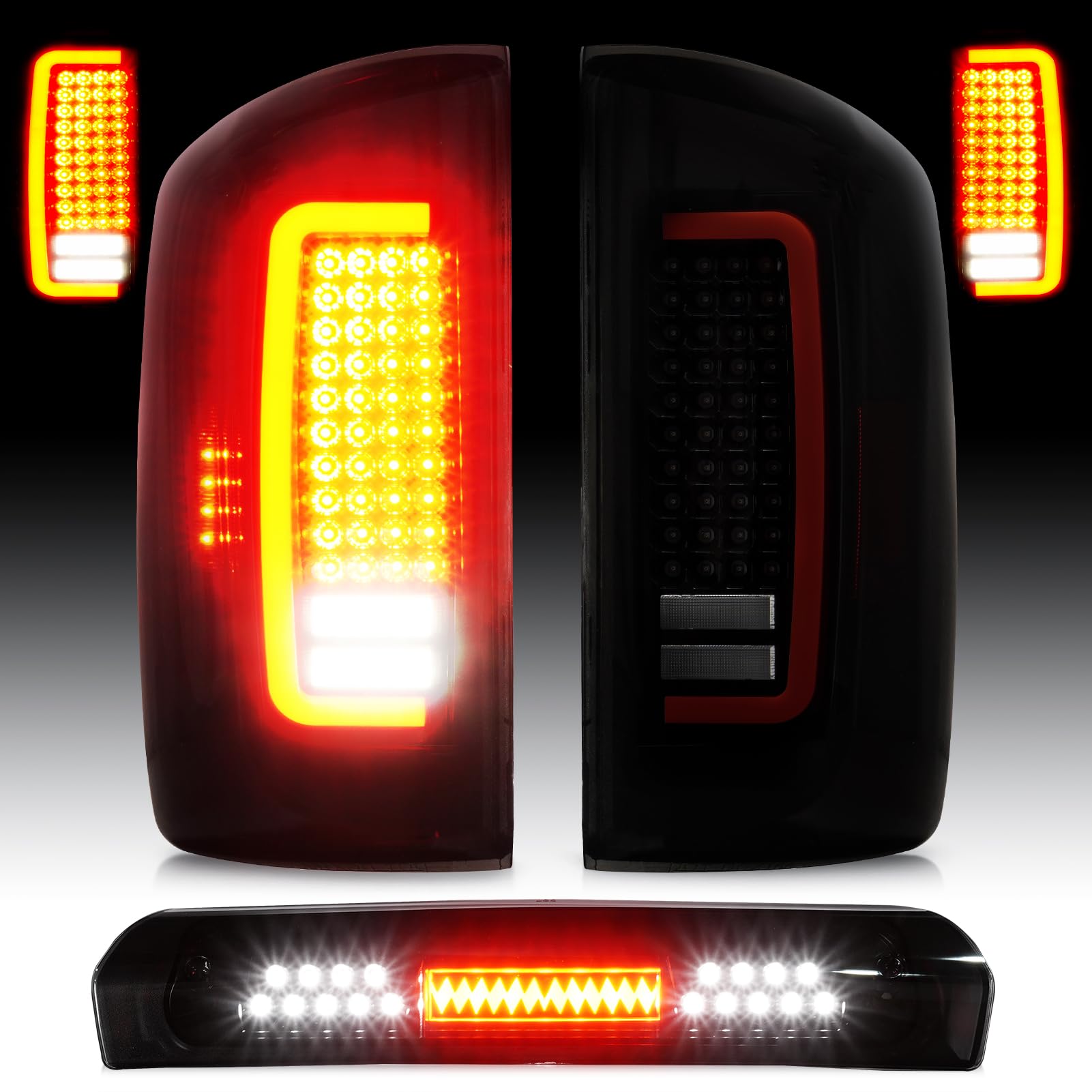 LED Tail Light Assembly + 3rd Third Brake Cargo Lamp Fit for Dodge RAM 1500 07-08, for Dodge RAM 2500 3500 07-09 Pickup [Factory Halogen Type] Smoked Lens 3 Pcs