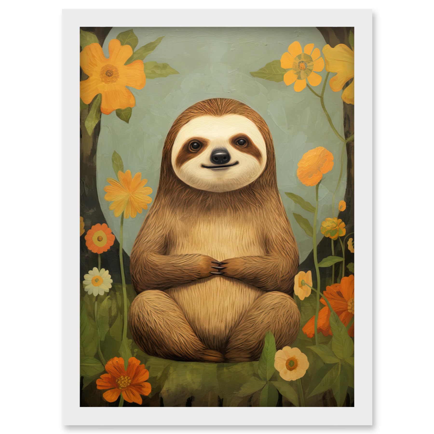 Artery8 Smiling Sloth Meditating in Forest Flowers Kids Bedroom Artwork Framed Wall Art Print A4