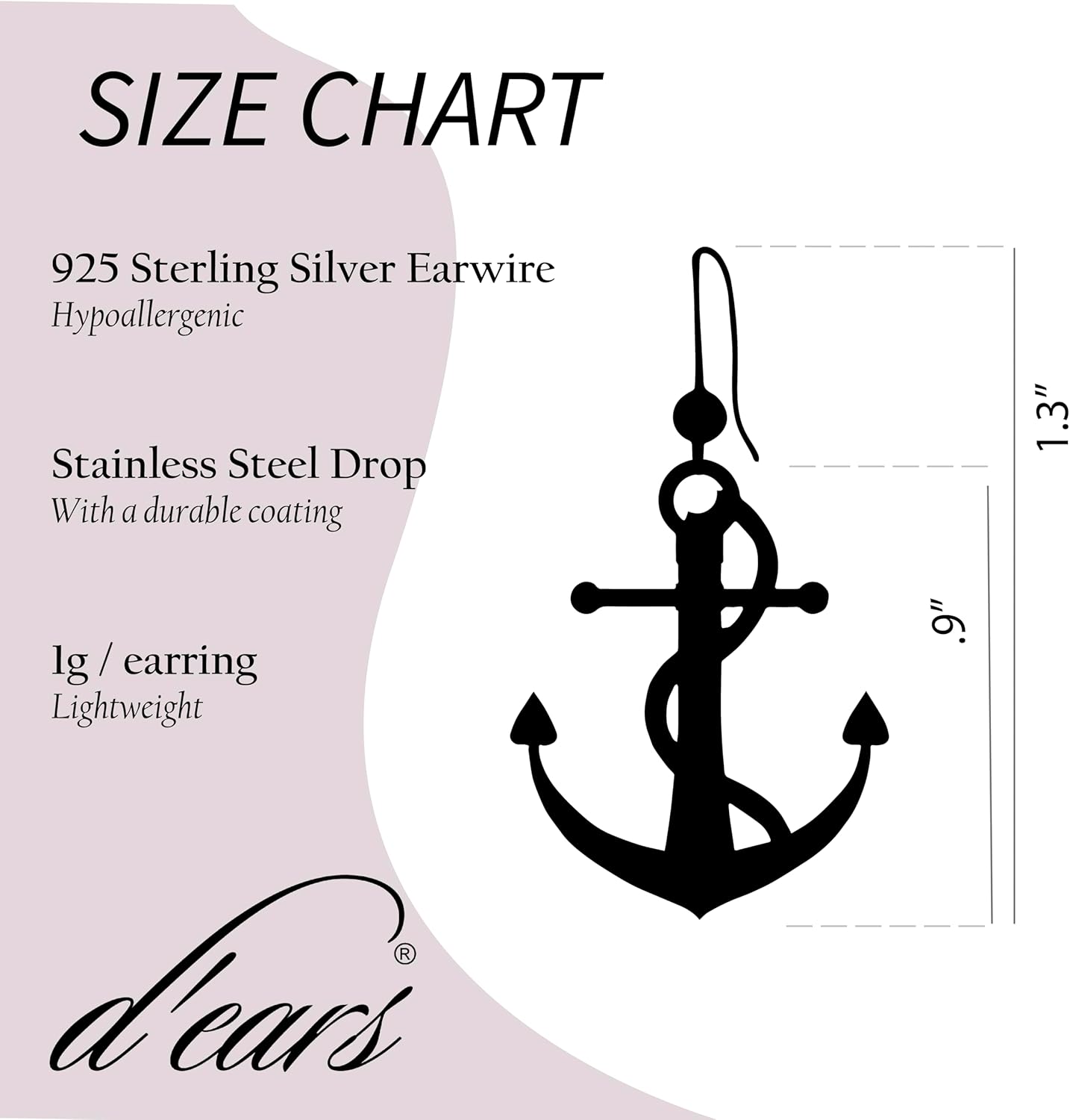d'ears Mermaid Anchor Earrings by Non-Tarnish Sterling Silver French Hook Ear Wire, made in the USA