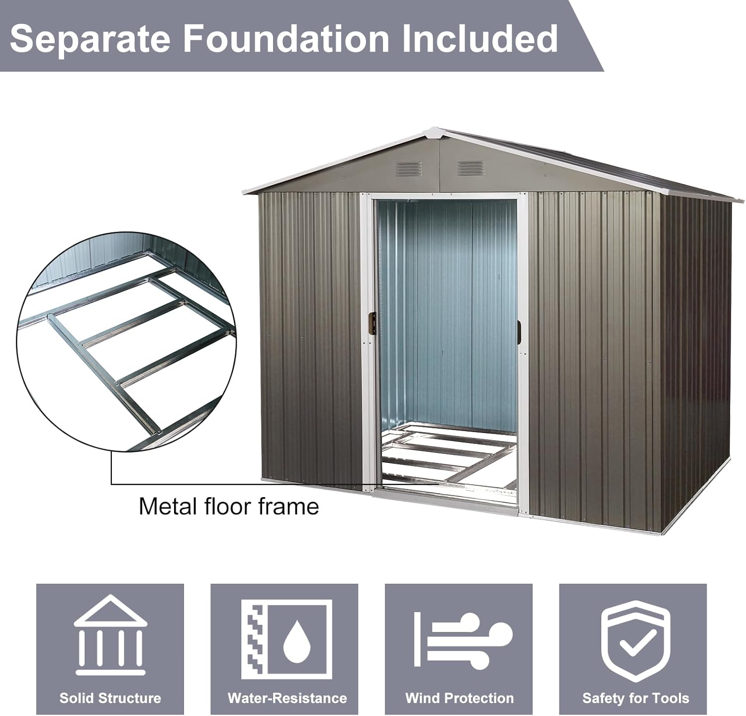Gray 6' x 8' Outdoor Metal Storage Shed with Floor Base