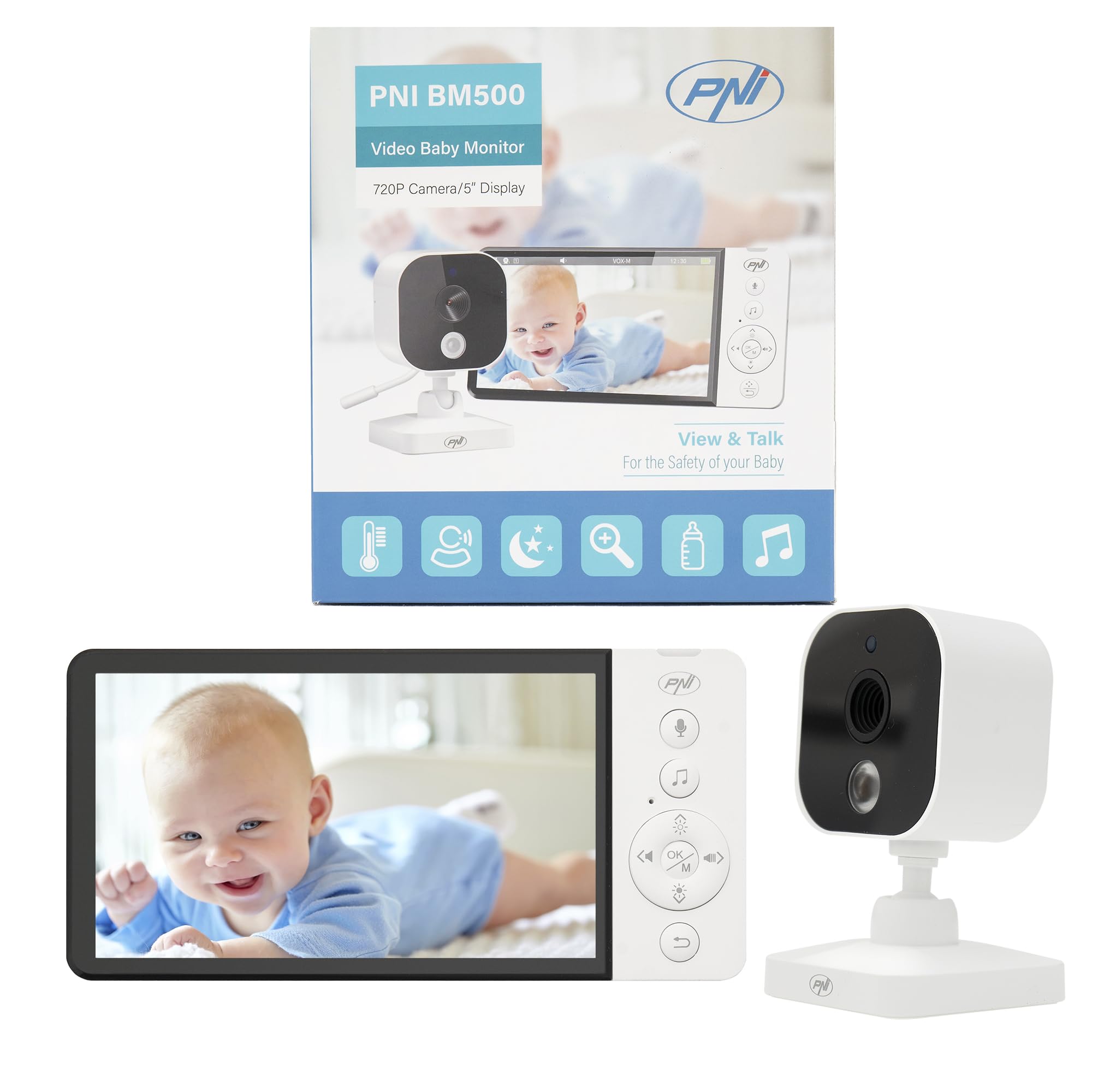 PNI Monitor de Video para bebé BM500 Pantalla de 5 Pulgadas inalámbrico 2.4 GHz, Sensor de Temperatura, VOX, visión Nocturna, función de Zoom, Canciones de Cuna