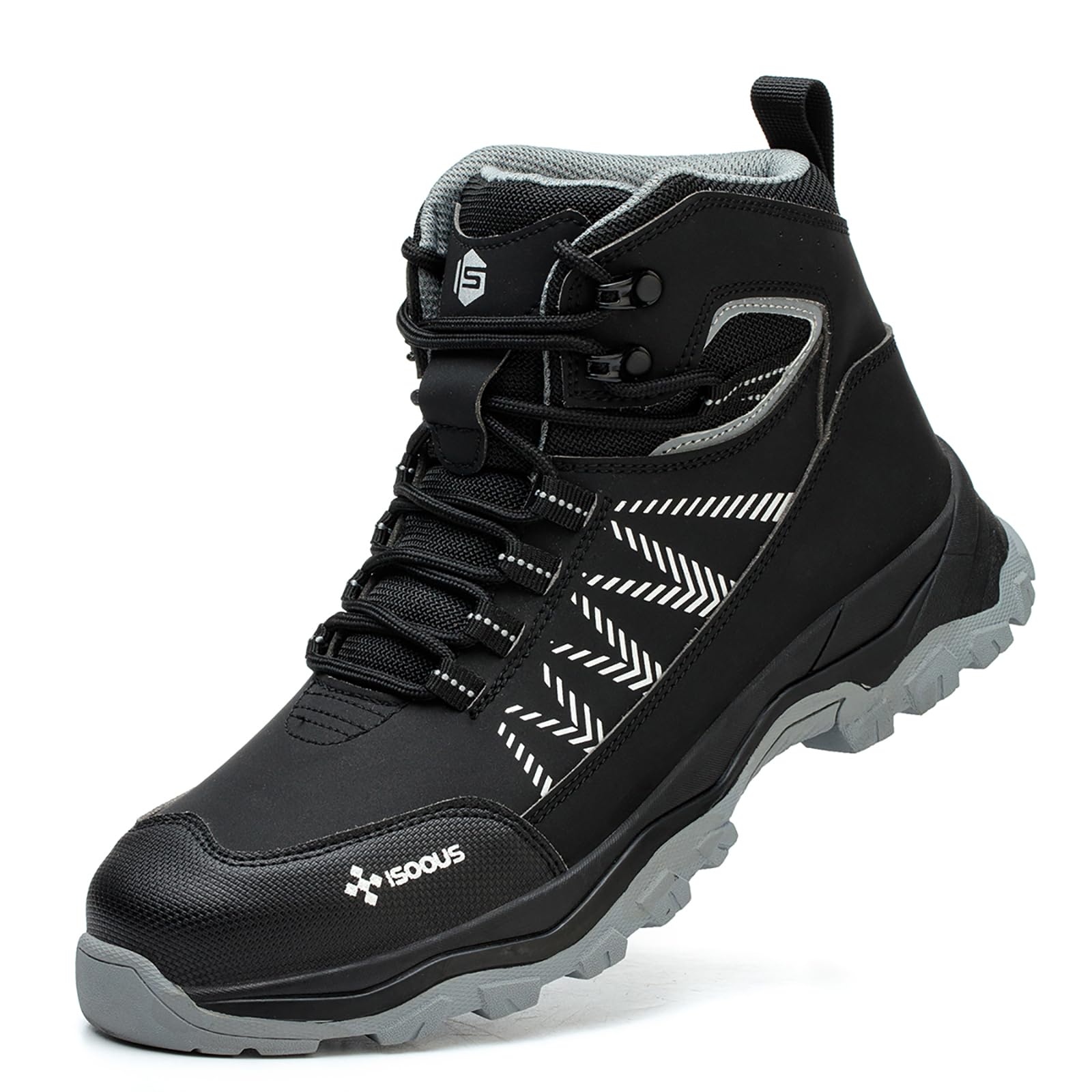 ISOOUS Buty robocze, męskie, wysokie buty ochronne, damskie, lekkie, ze stalowym noskiem, antypoślizgowe, czarny, 45 EU