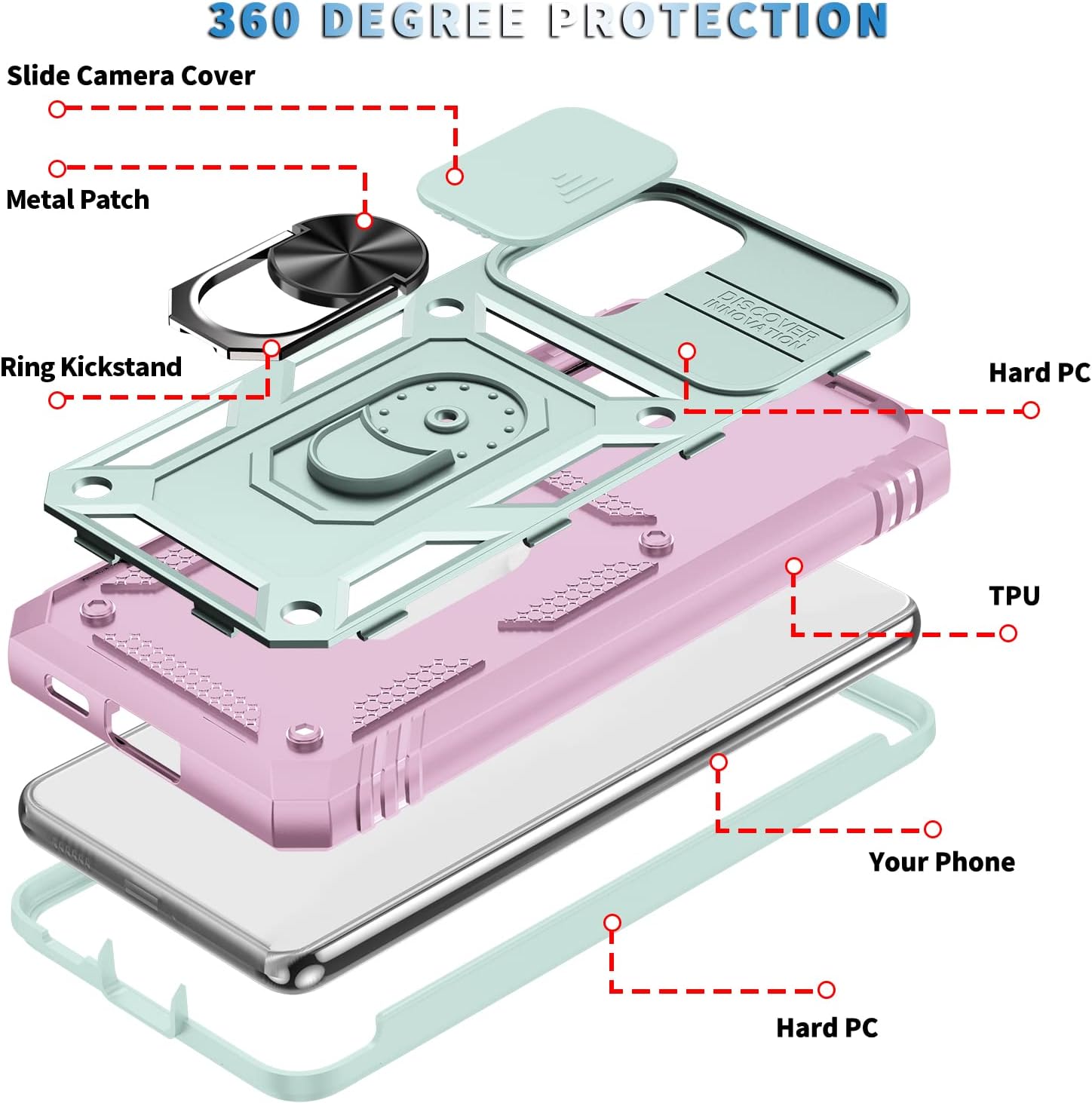 PASNEW Phone Case for Samsung Galaxy A42 5G/M42 5G Cases with Ring & Slide Camera Cover,Military Heavy Duty Full Body Shockproof Hard Shell,6.6 inch,Green Pink