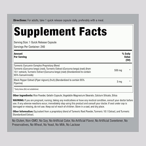 Miniatura 2 de Piping Rock Suplemento de curcumina de cúrcuma 500 mg | 240 cápsulas | con pimienta negra | Extracto complejo estandarizado | Sin OMG, sin gluten